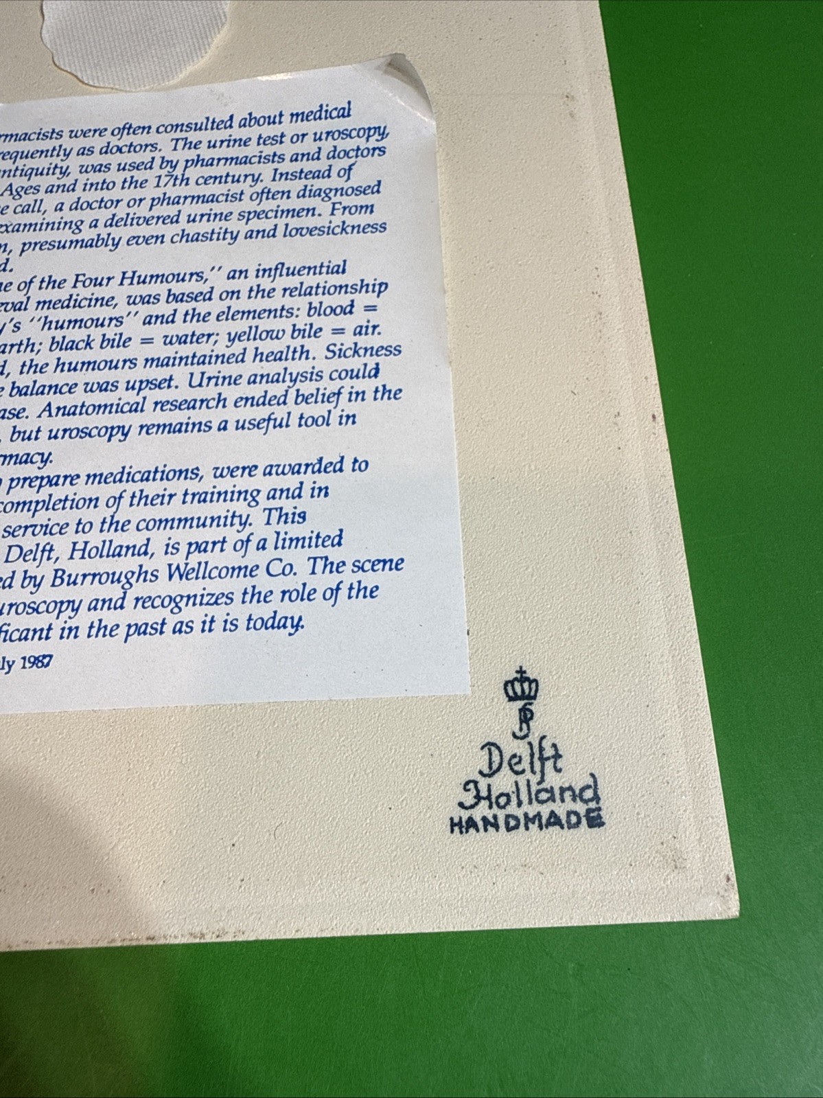 Delft Holland Handmade Urine Test Tile July 1987 B-970 Burroughs Wellcome Co.