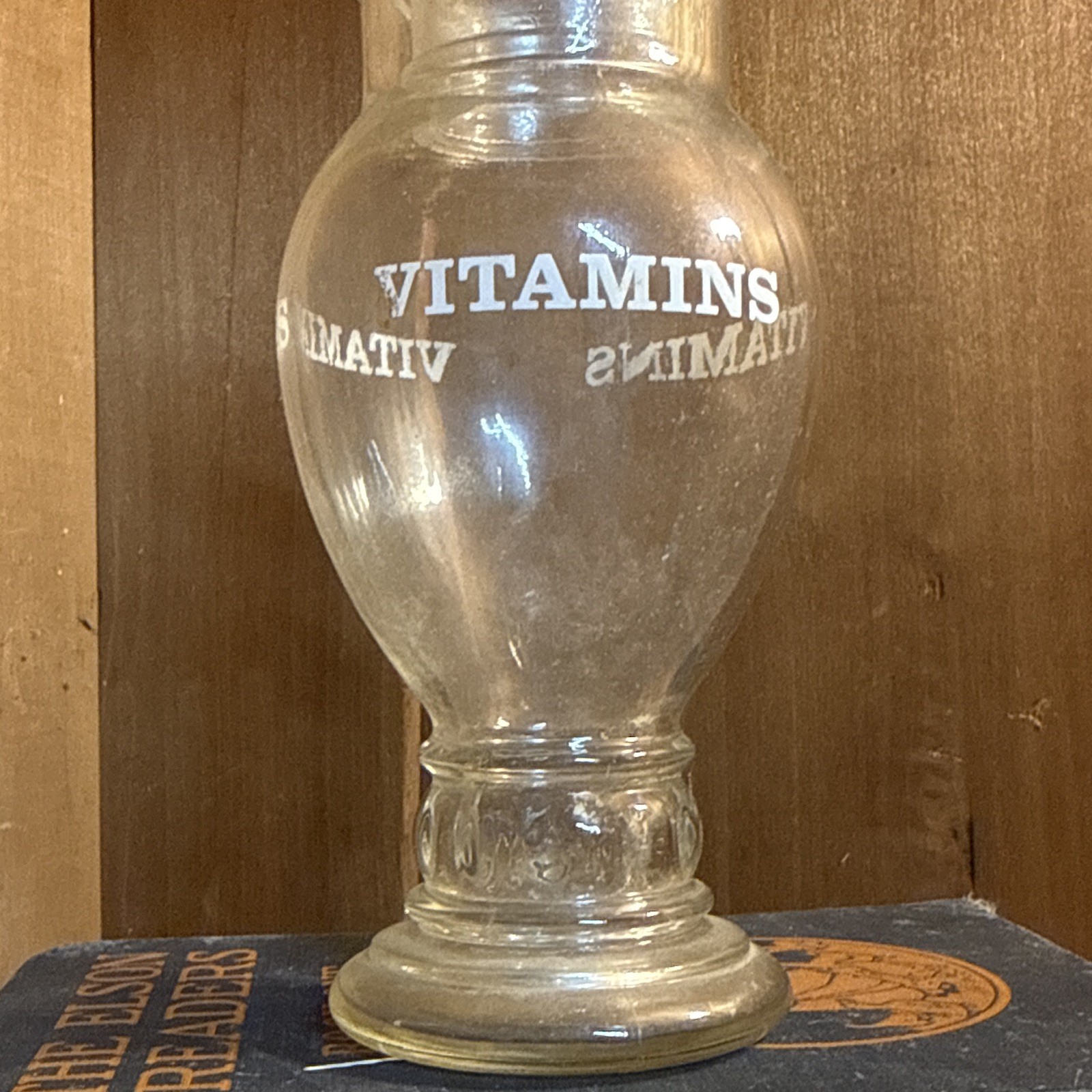 Clear Glass Apothecary Jar with Lid, Labeled “VITAMINS” Vintage