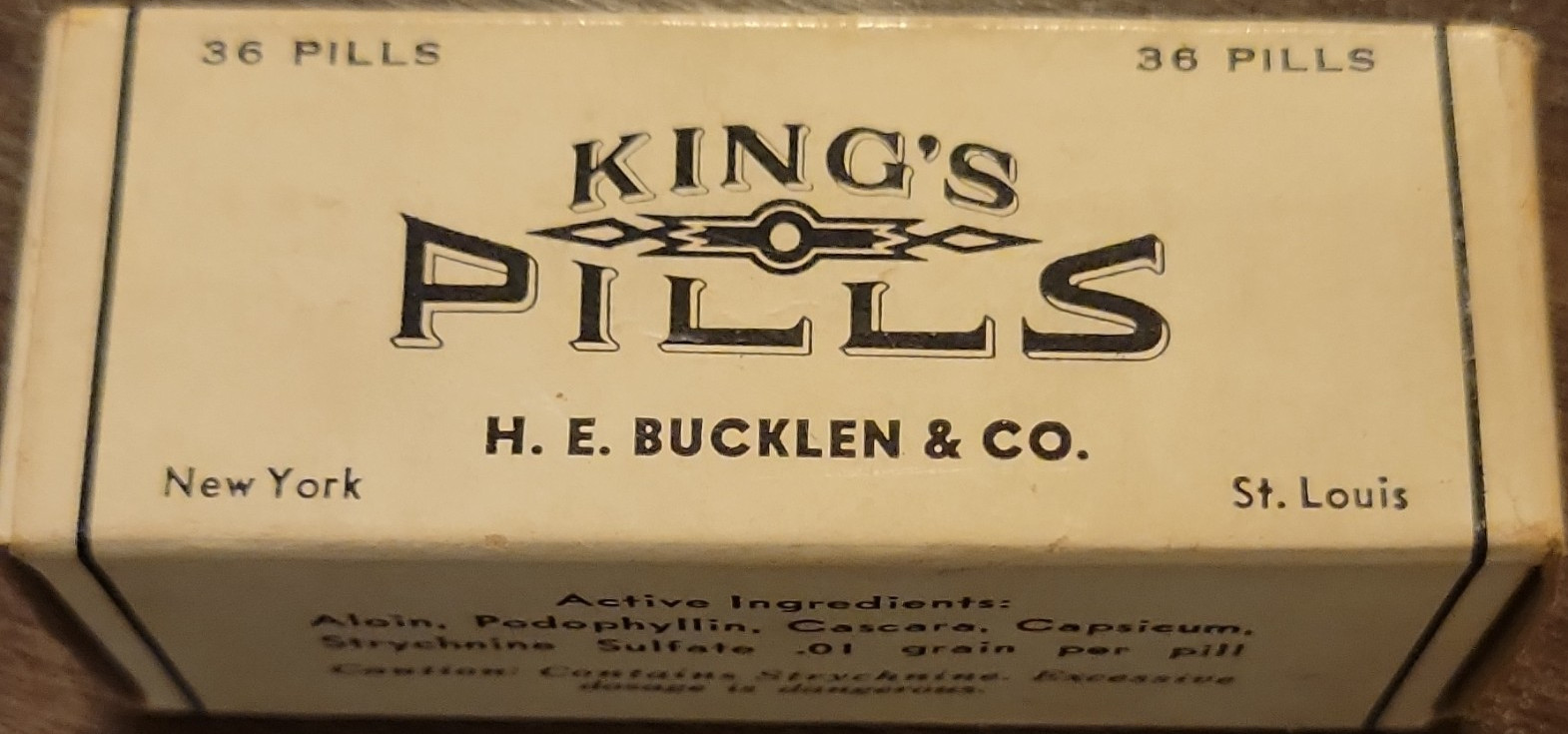 H. E. Bucklen & Co King’s Pills Vintage Medicine Box & Glass Bottle 36 Pills
