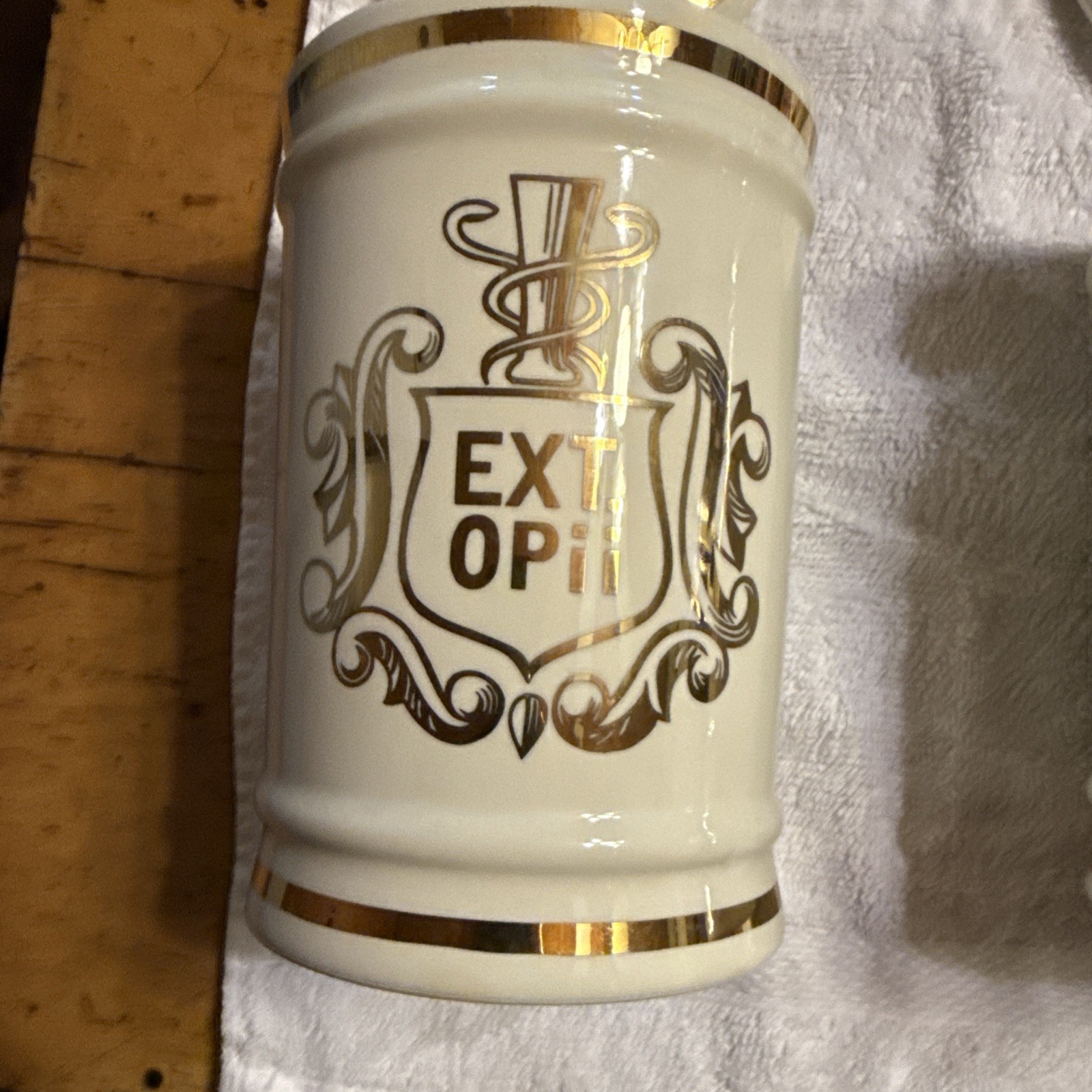 Vintage Pharmacy EXT OPii Canister Jar w/ Lid-Cream & Gold Trim-Owens Glass Pair