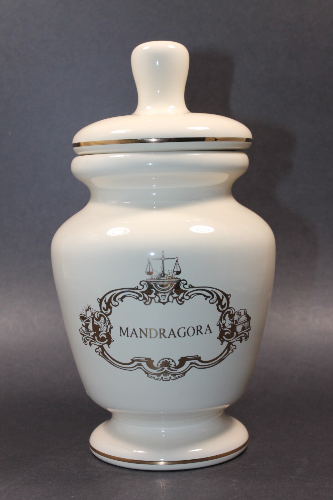 Vtg Ceramic Cream w Gold Design Apothecary Pharmacy Mandragora 8 in Lidded Jar