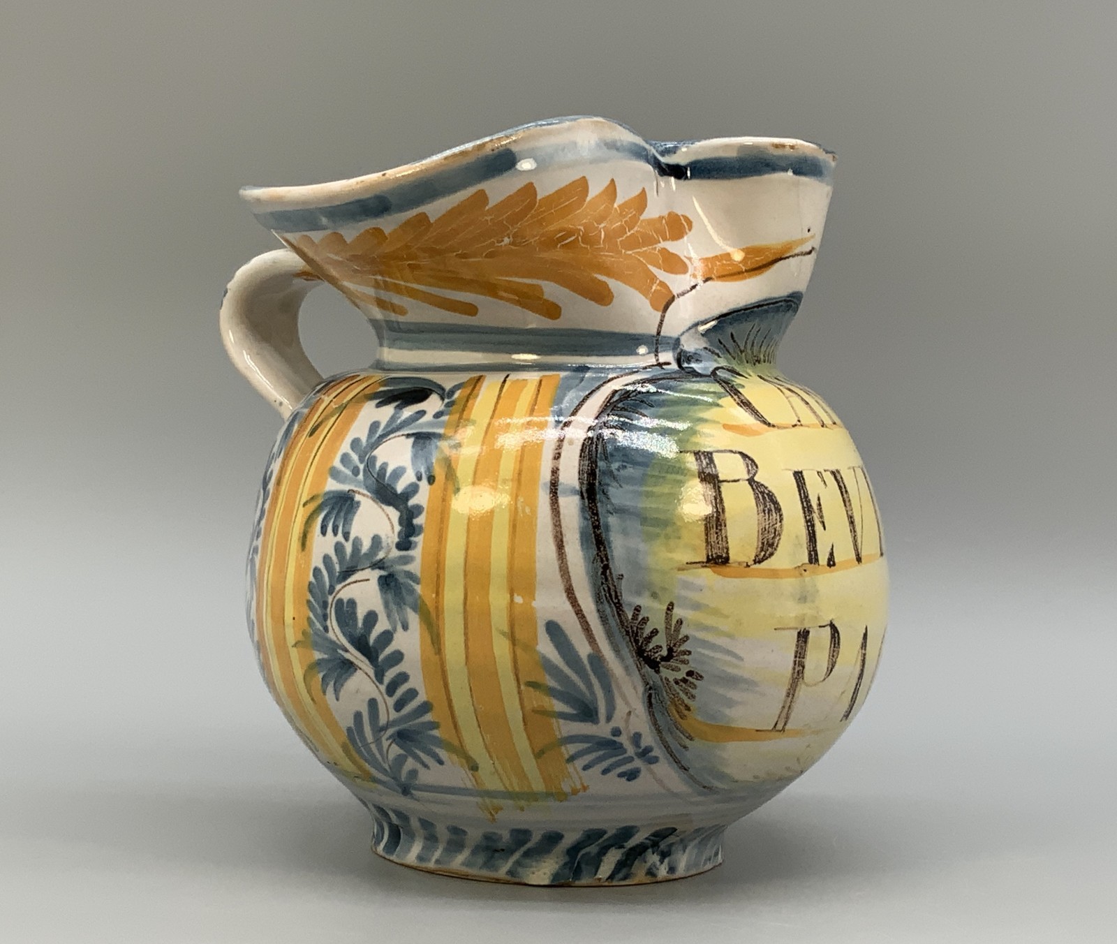 Italian Majolica Pharmacy Jug Polychrome, Mangonese & Yellow 19thC Delft Faience