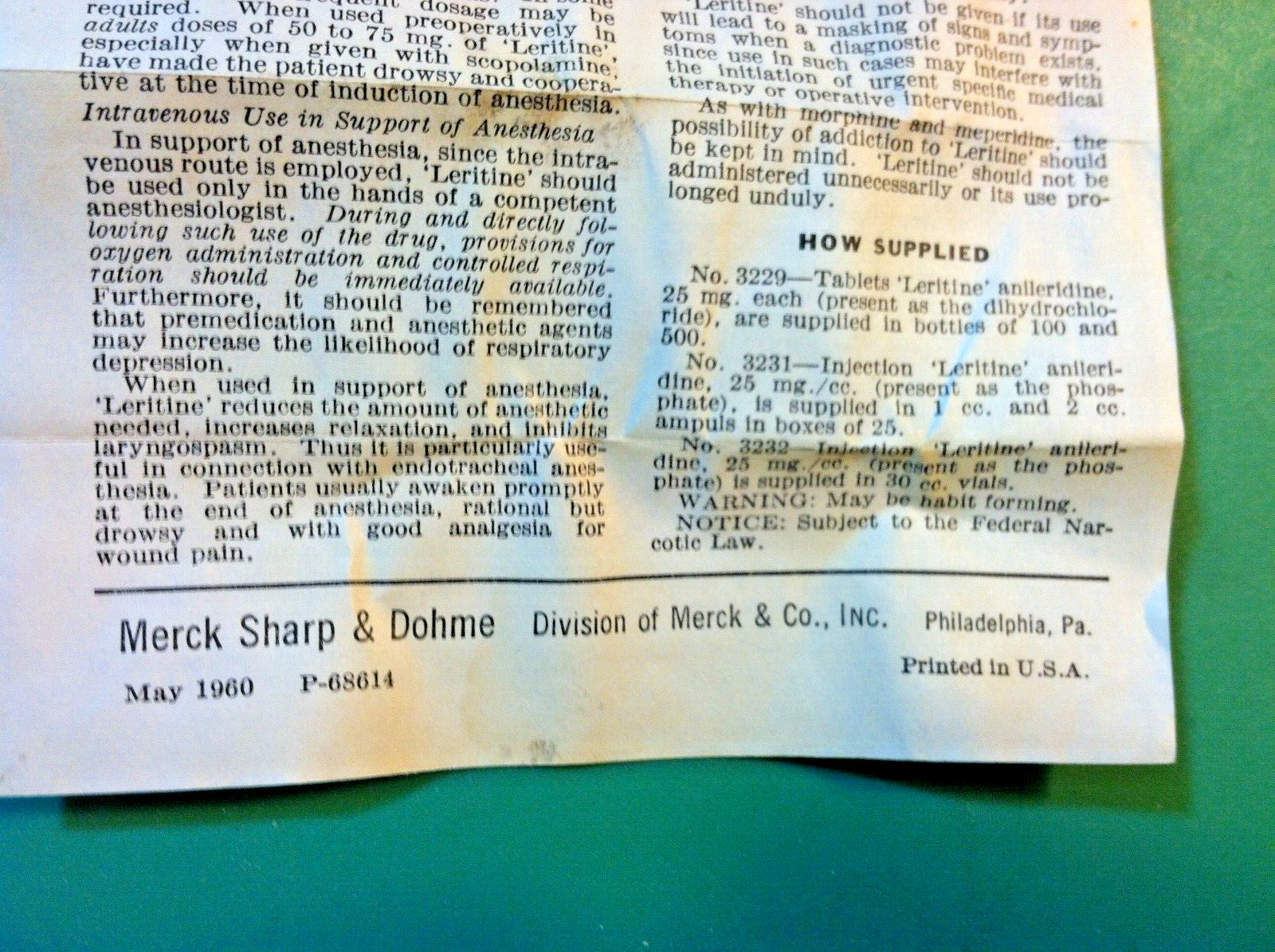 1960 🔥LERITINE🔥 Anileridine EMPTY Opiate Medicine Pharmacy Drugs Glass Bottle