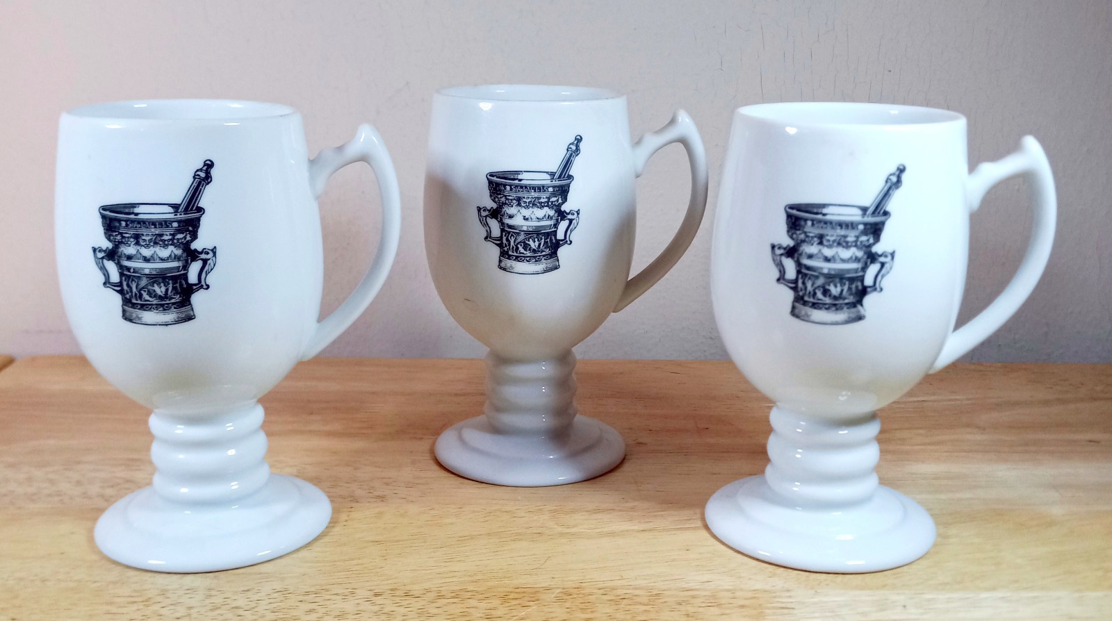VTG Set of 3 Mortar & Pestle Medicine RX Apothecary Pedestal Mugs White EUC