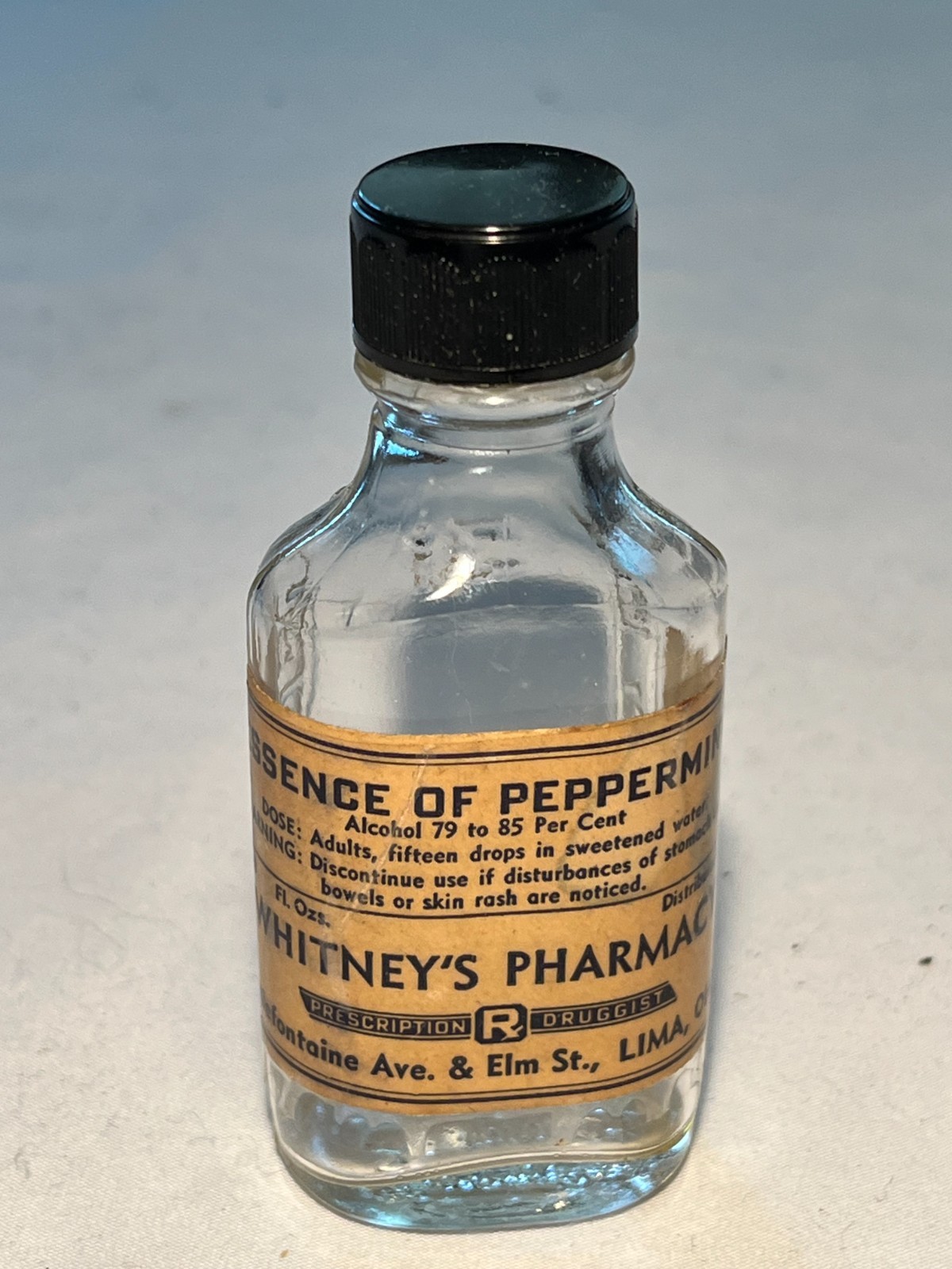 c1940s Essence of Peppermint Whitney’s Pharmacy Lima Ohio, Apothecary Druggist