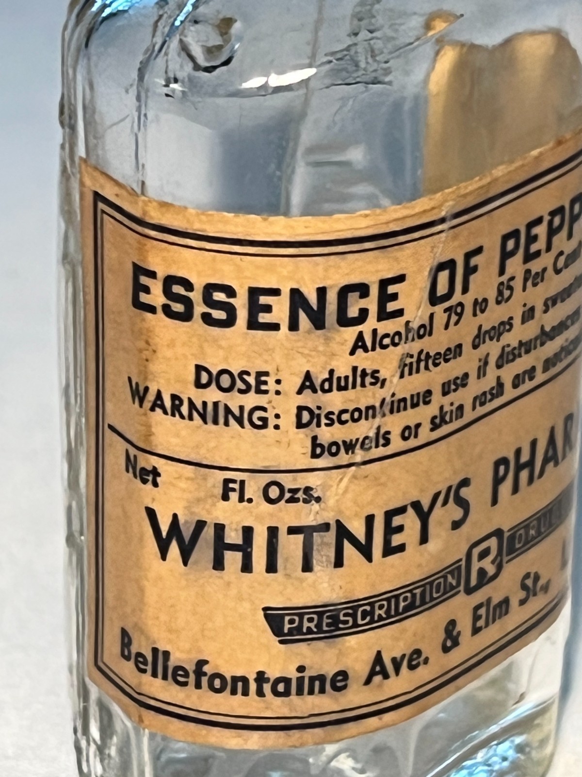 c1940s Essence of Peppermint Whitney’s Pharmacy Lima Ohio, Apothecary Druggist