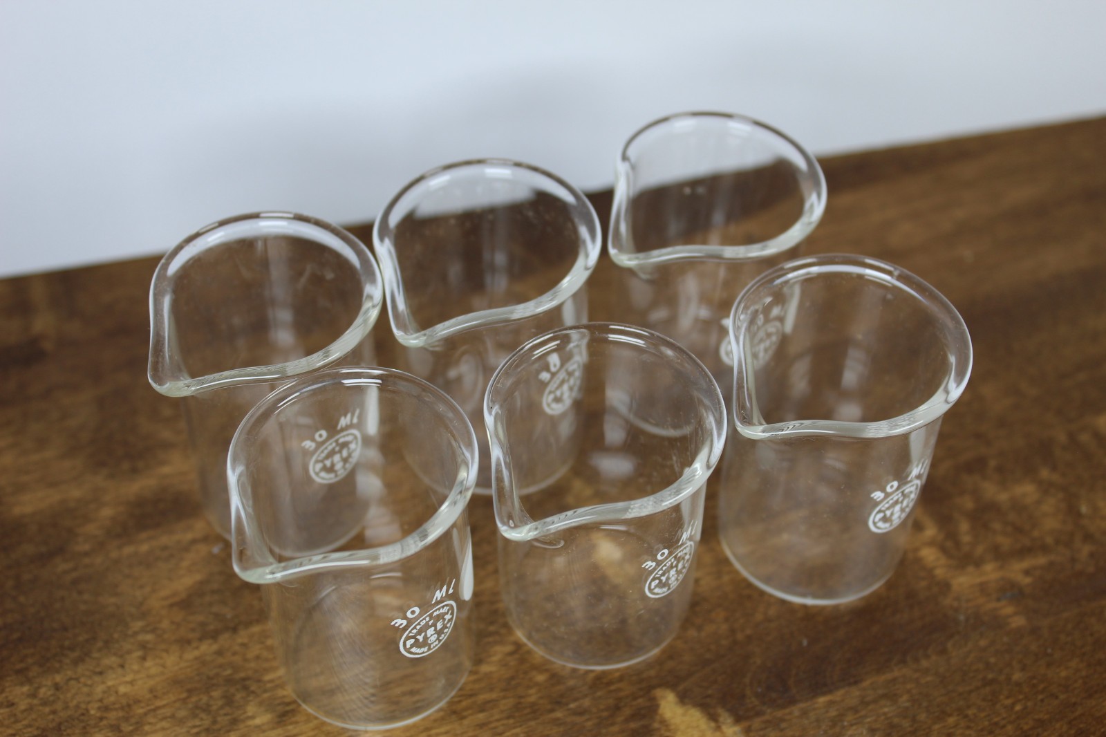 Set of Six Vintage 30ml Pyrex Beakers – Mid-Century Lab Glass | Made in USA