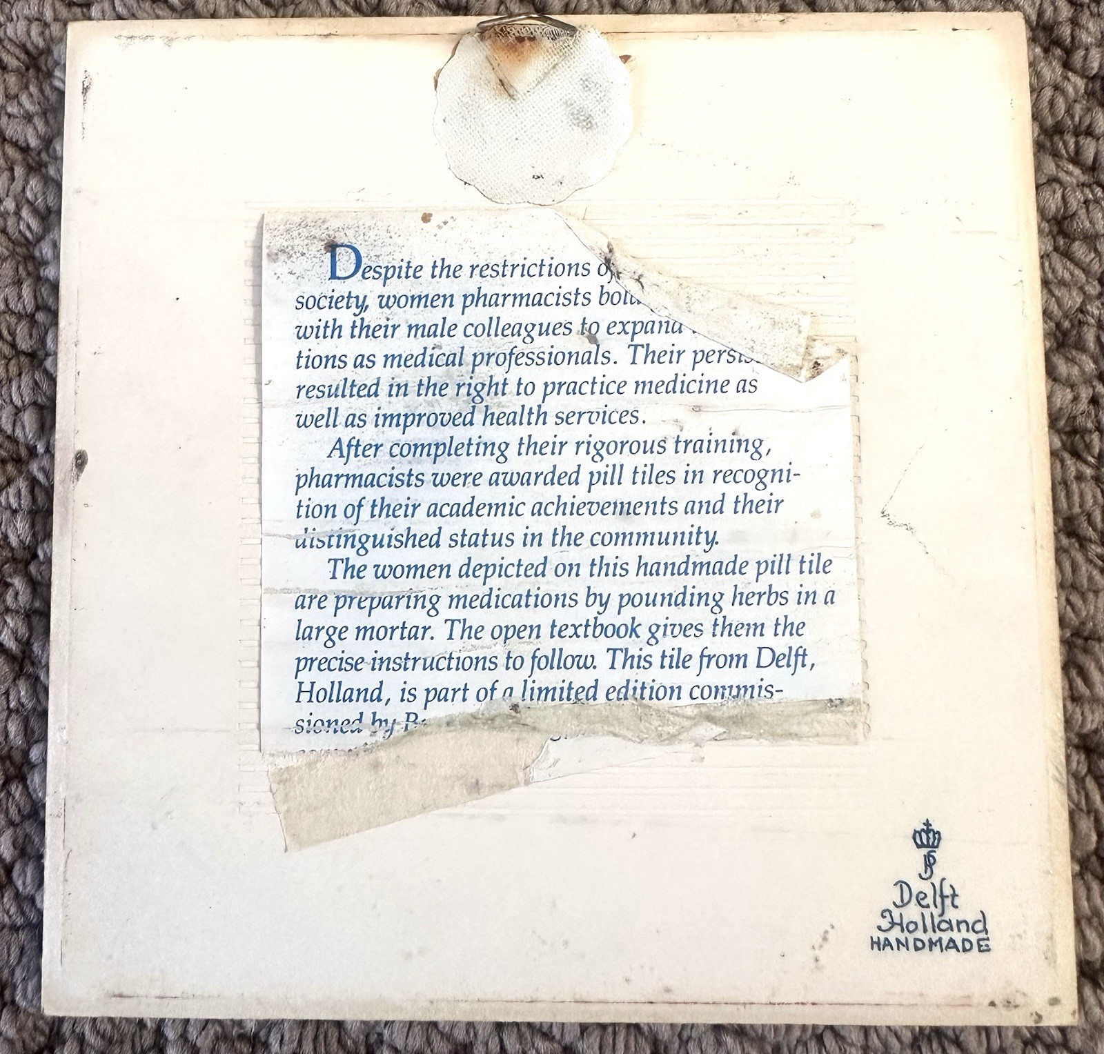 Vintage Delft Holland Blue Hand Painted Porcelain Tile Early Woman Pharmacist