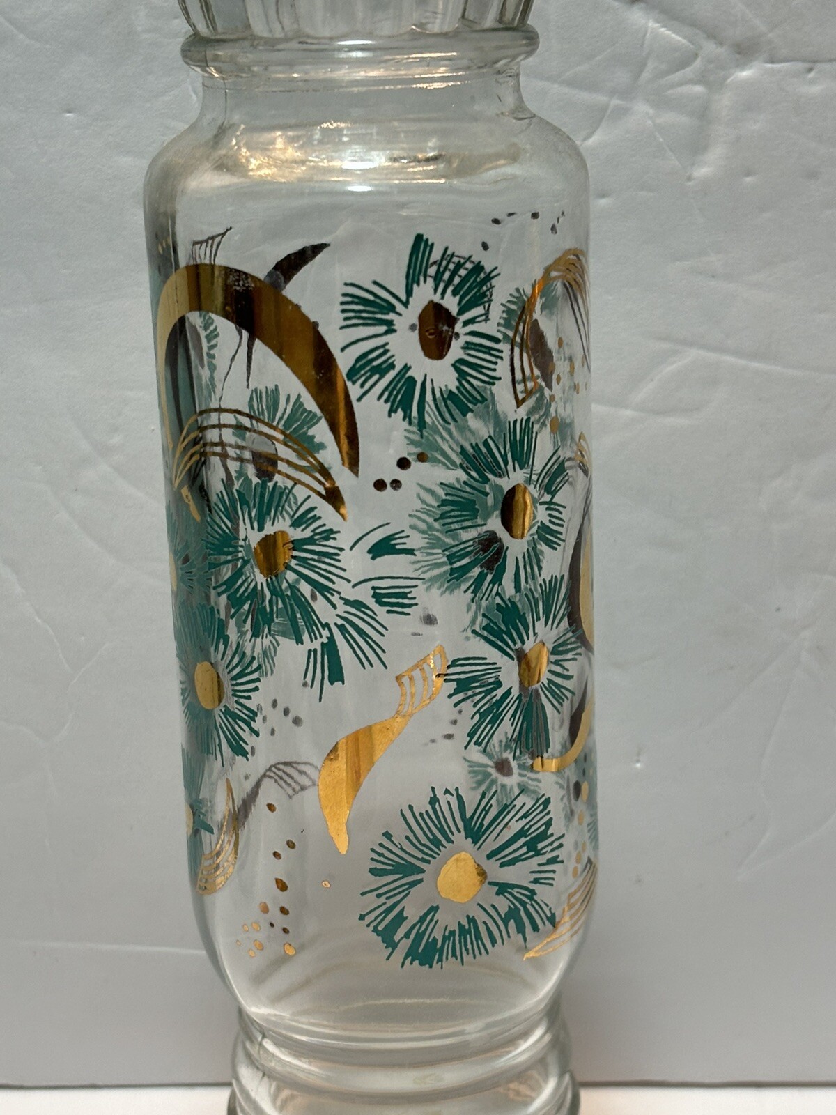 ViNTaGe MiD CeNTuRy GLaSs 11″ Apothecary Jar ReTRo AQuA BLuE & GoLD FLYING BIRDS
