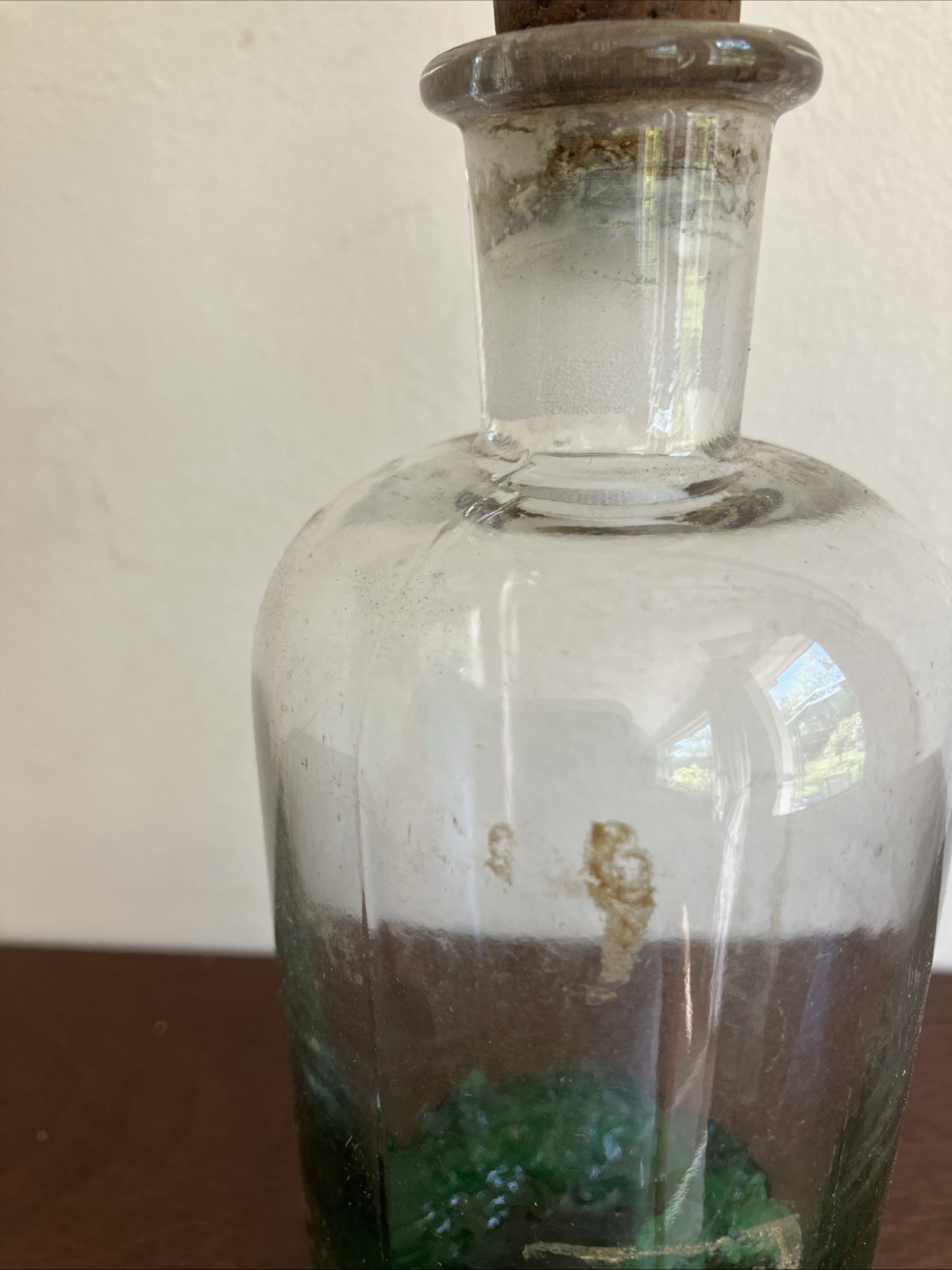 Antique Clear Glass Apothecary Bottle C1870, Green Stuff Inside! Cork Stopper