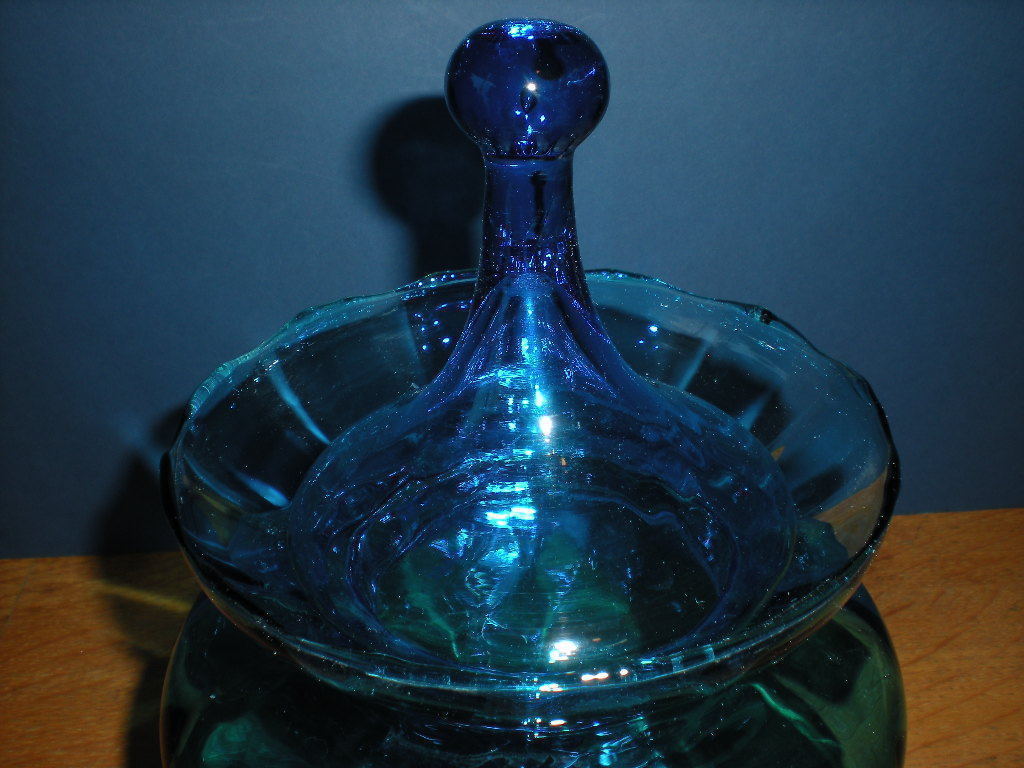 Lg Blue Apothecary Jar Vtg Hand Blown Empoli Italian Canister Circus Tent Lid