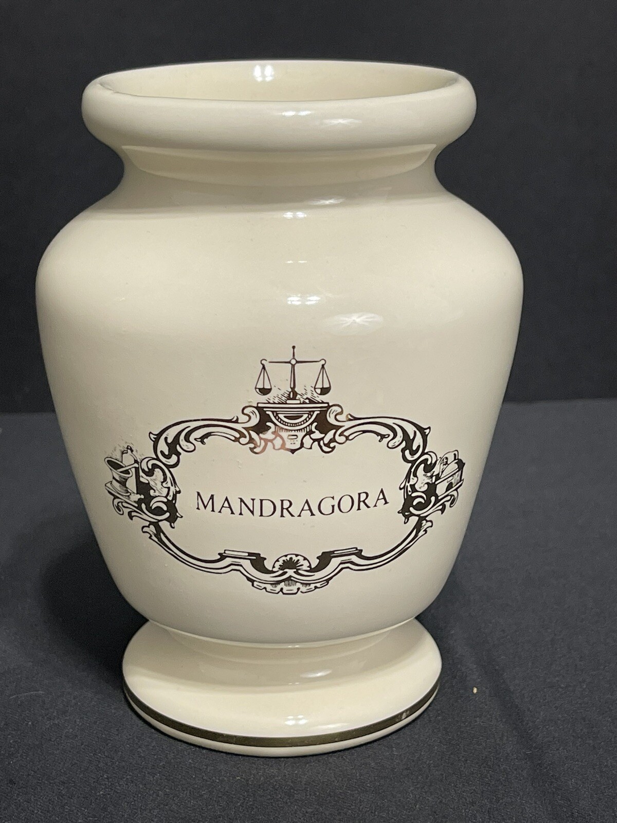 Vtg Eli Lilly Mandragora Apothecary Pharmacy Jar Ceramic Cream & Gold NO LID