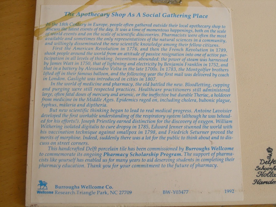 Vintage Blue Delfts Burroughs Wellcome Co Pharmacy Hanging Tile Scholarship 1992