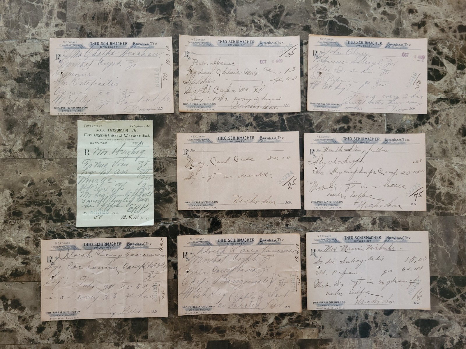 File box & 70 antique prescriptions (1910) – Codeine, Poisons, Equine