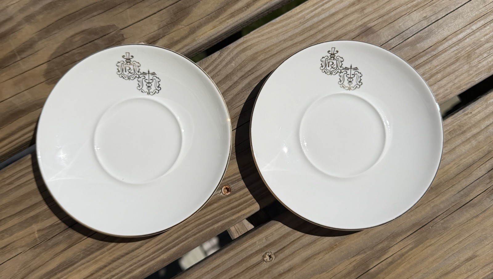 Vintage Pair of MCM Pharmacy Logo Saucers, 6”