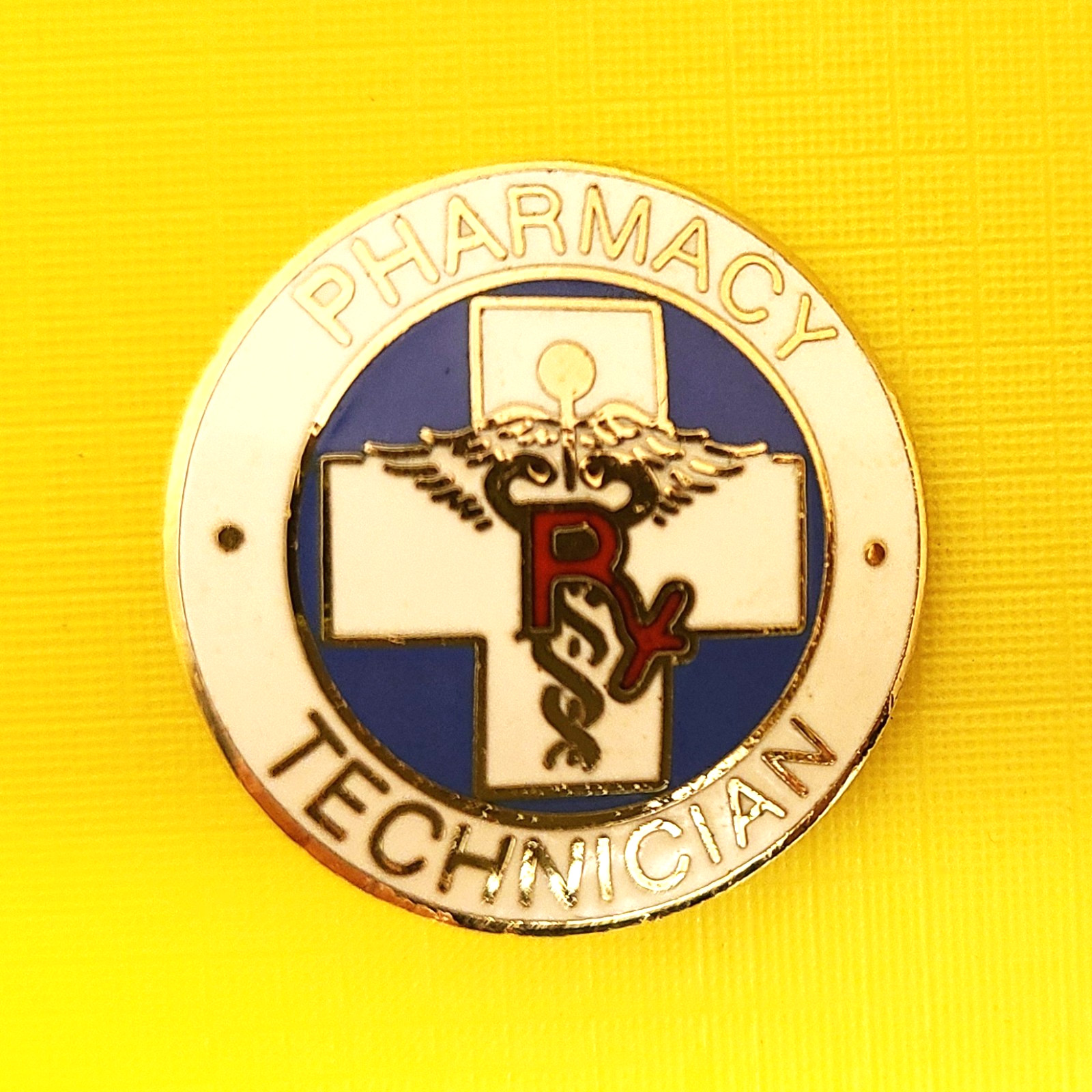 Vtg. PHARMACY TECHNICIAN Caduceus Rx Cross Round Enamel Lapel Pin