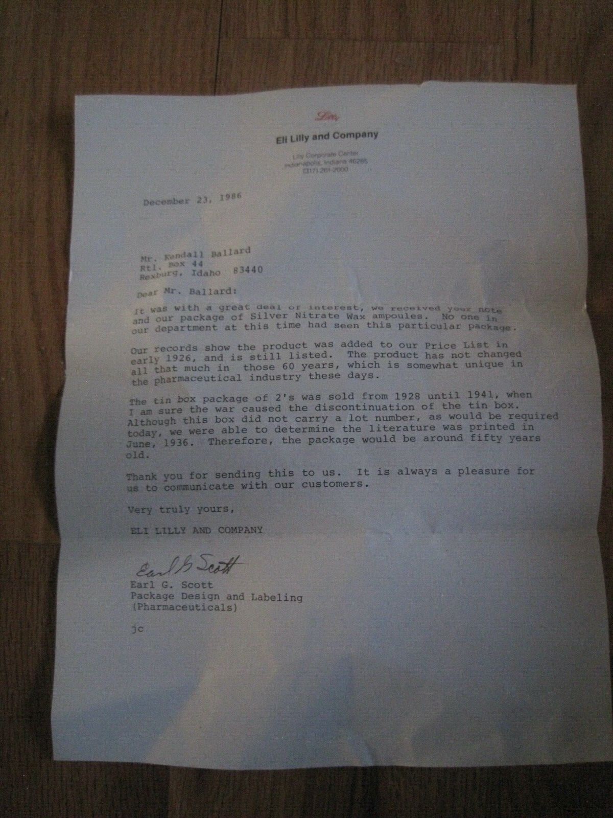 Eli Lilly Letter 1986 Vintage Document
