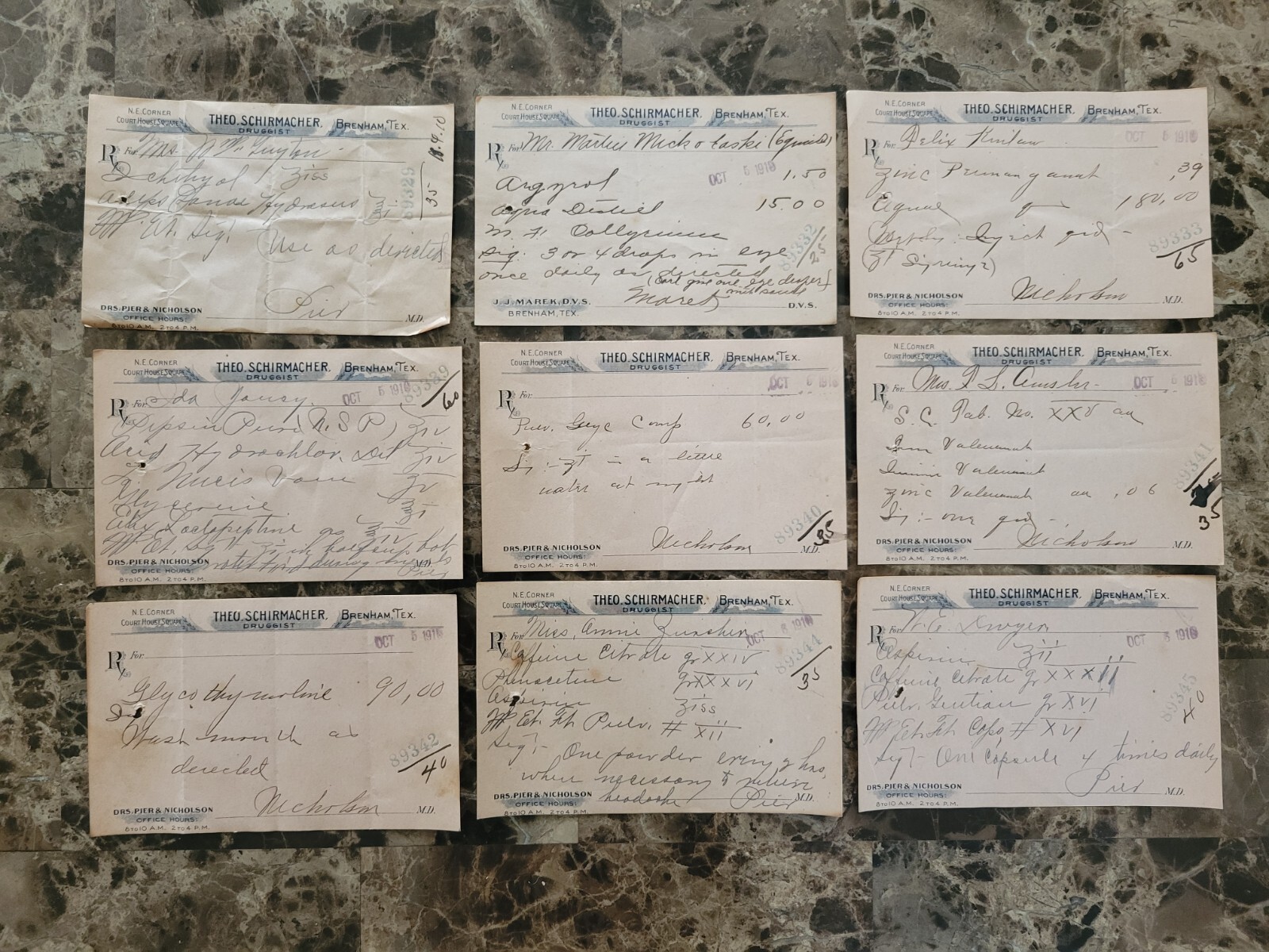 File box & 70 antique prescriptions (1910) – Codeine, Poisons, Equine