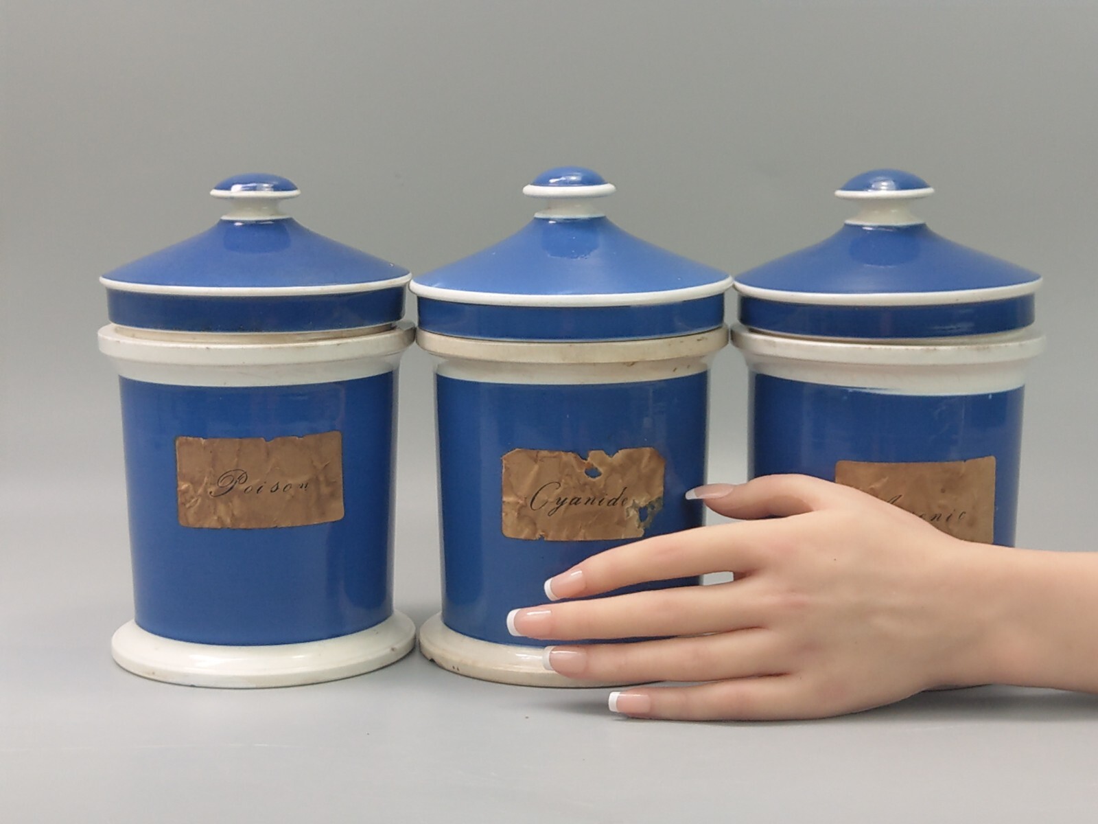 Blue and White Antique Apothecary Poison Jars