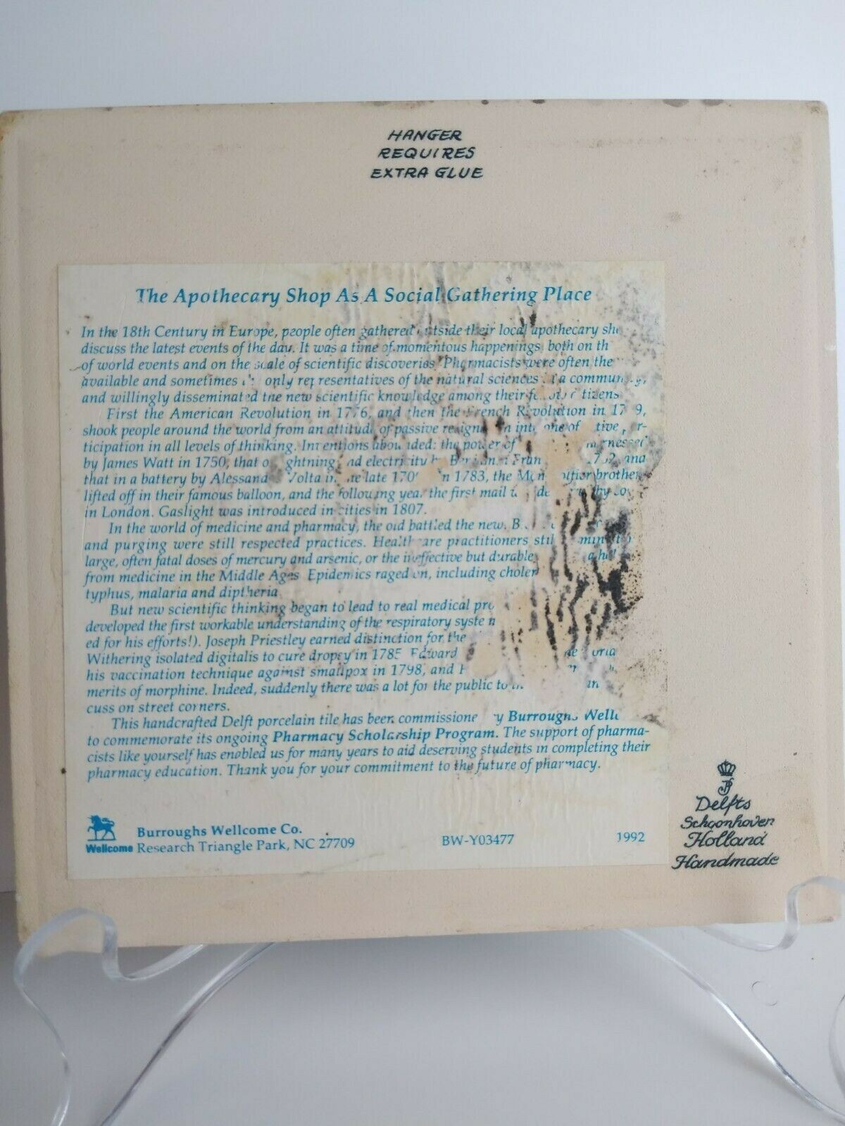 Vintage Blue Delfts tile Burroughs Wellcome Co Pharmacy scholarship program 1992