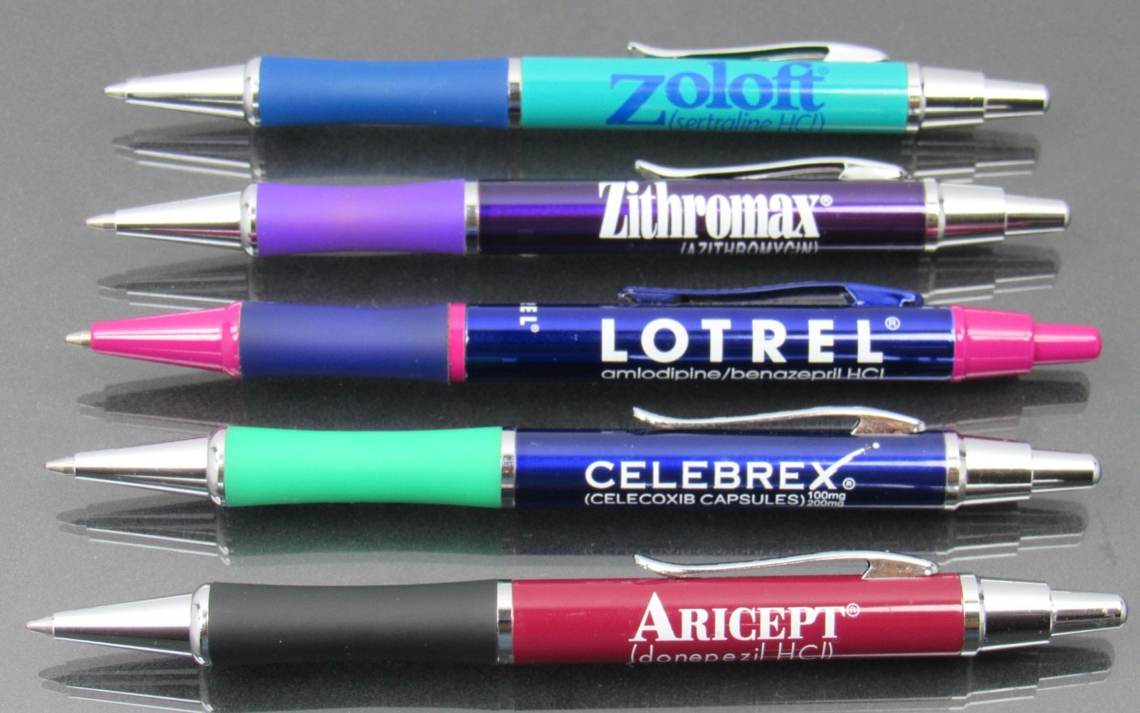 Drug Rep Pharmaceutical Sleek Metal PENS Lot of 5 Aricept Celebrex Zoloft Lotrel