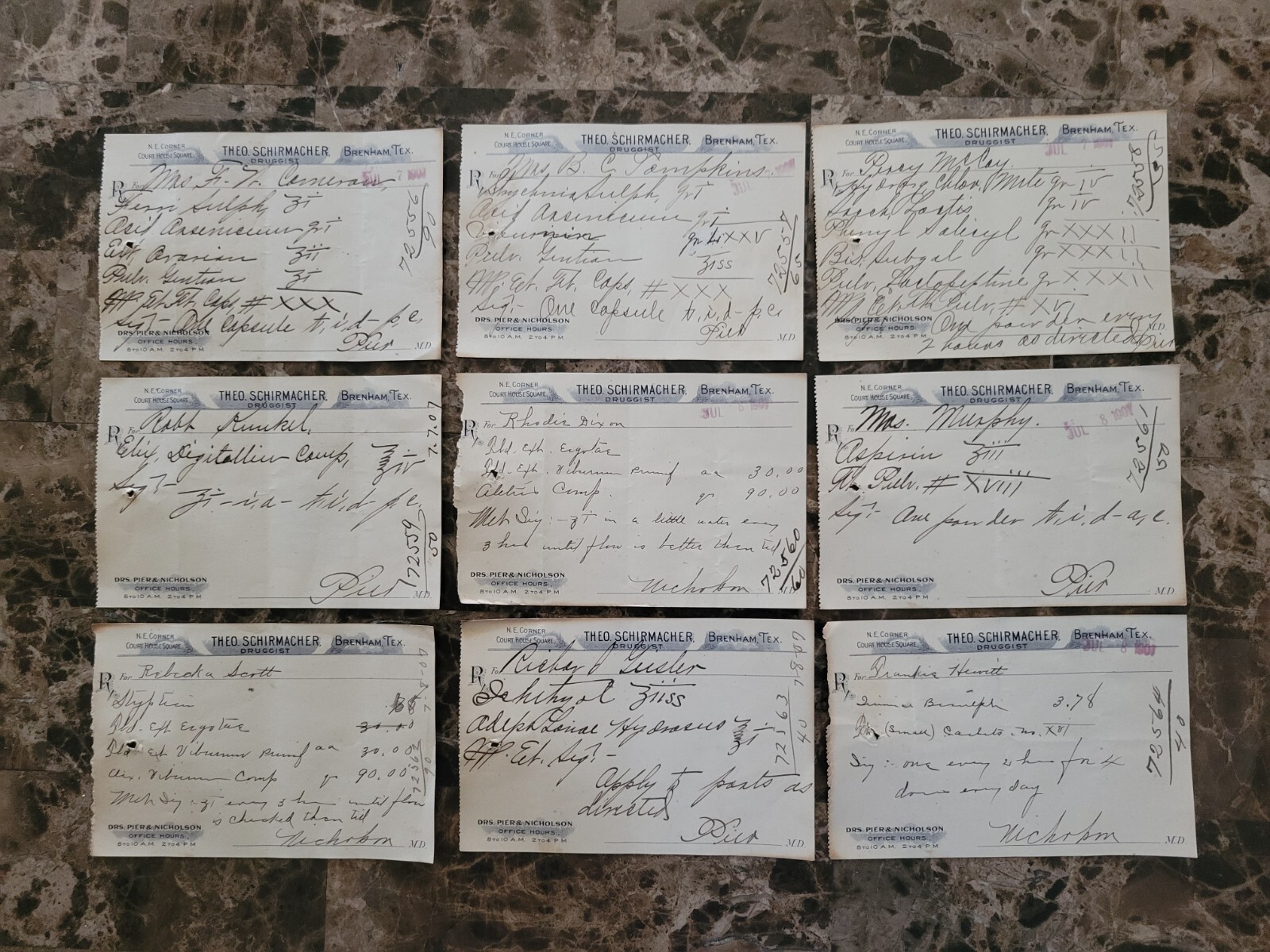 File box & 98 antique prescriptions (1907) – Opium, Ergot, Codeine & Anodyne