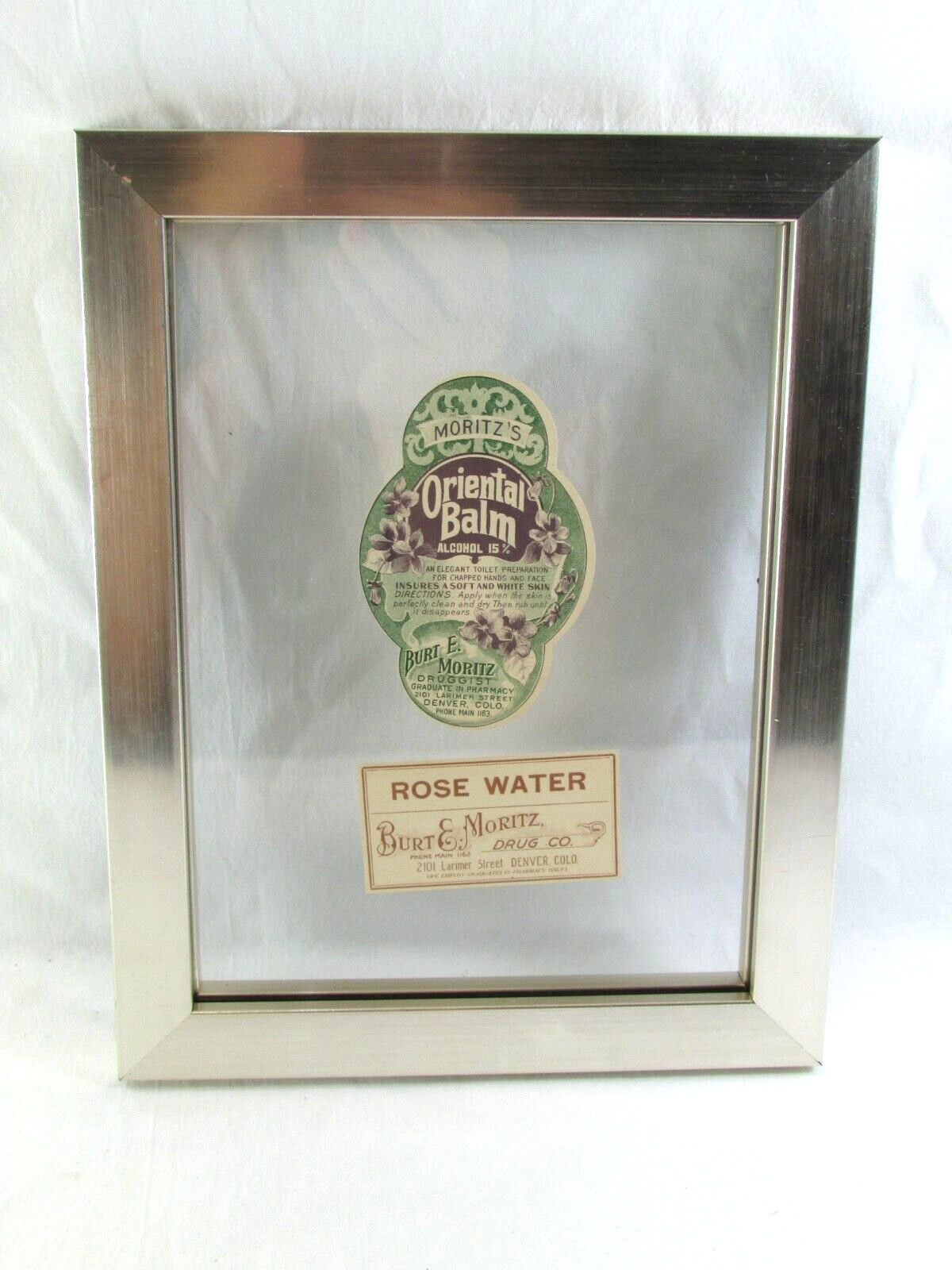 Vintage Burt E. Moritz Druggist -Oriental Balm, Rose Water Bottle Labels & Frame