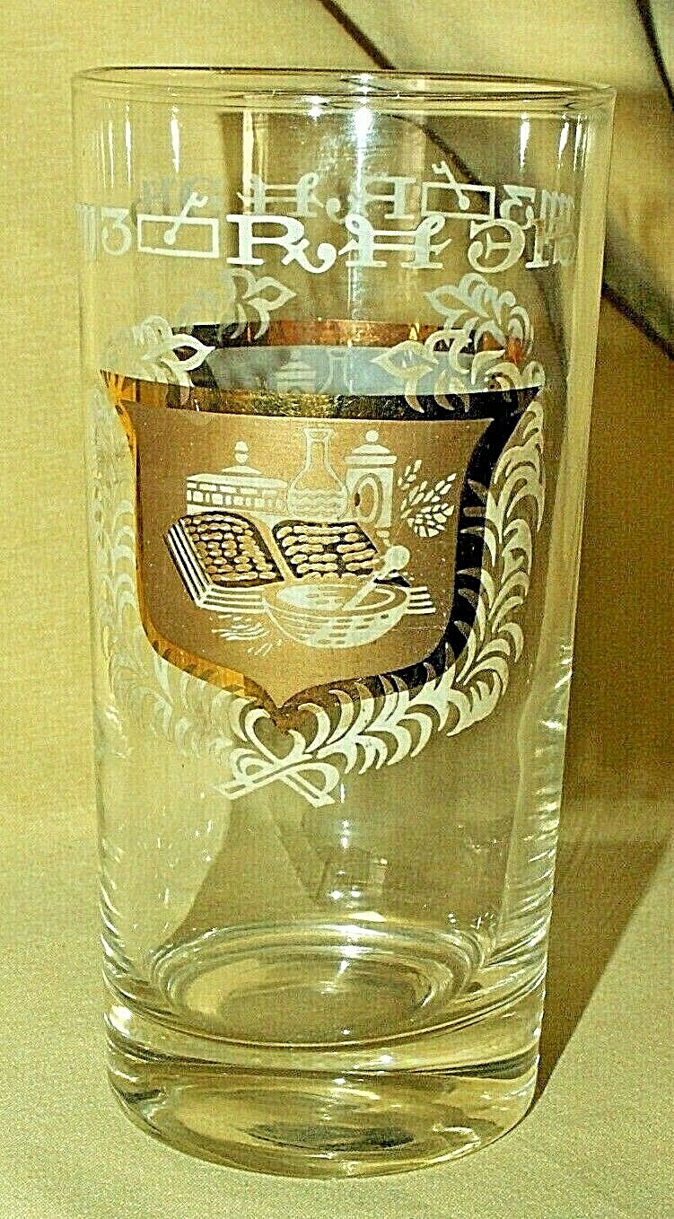 MEDICAL GLASS TUMBLER APOTHECARY MORTAR PESTLE VINTAGE BARWARE GOLD RECIPE DRAM*