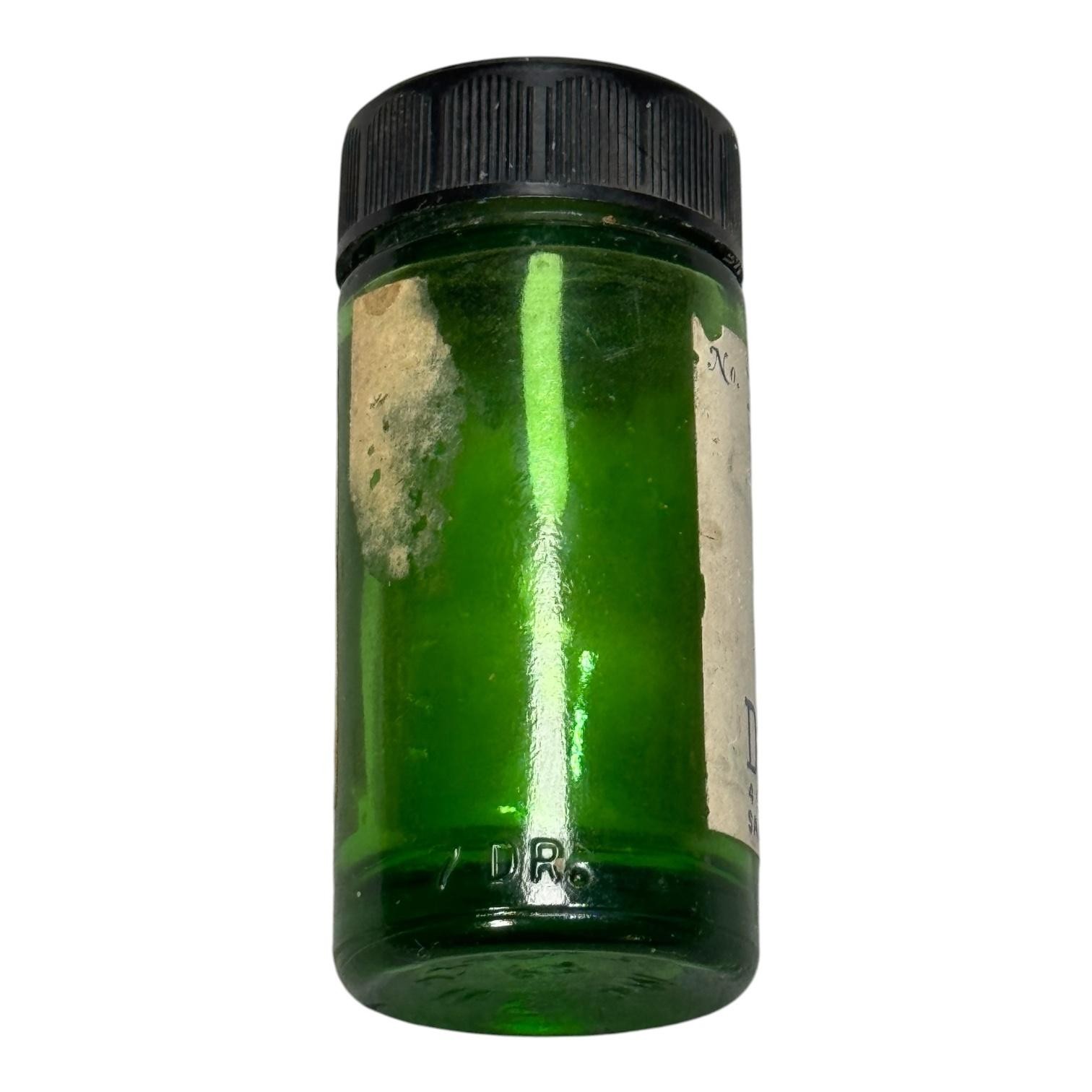 Vintage 1944 Darrah’s Pharmacy Green Glass Prescription Bottle San Bernardino CA