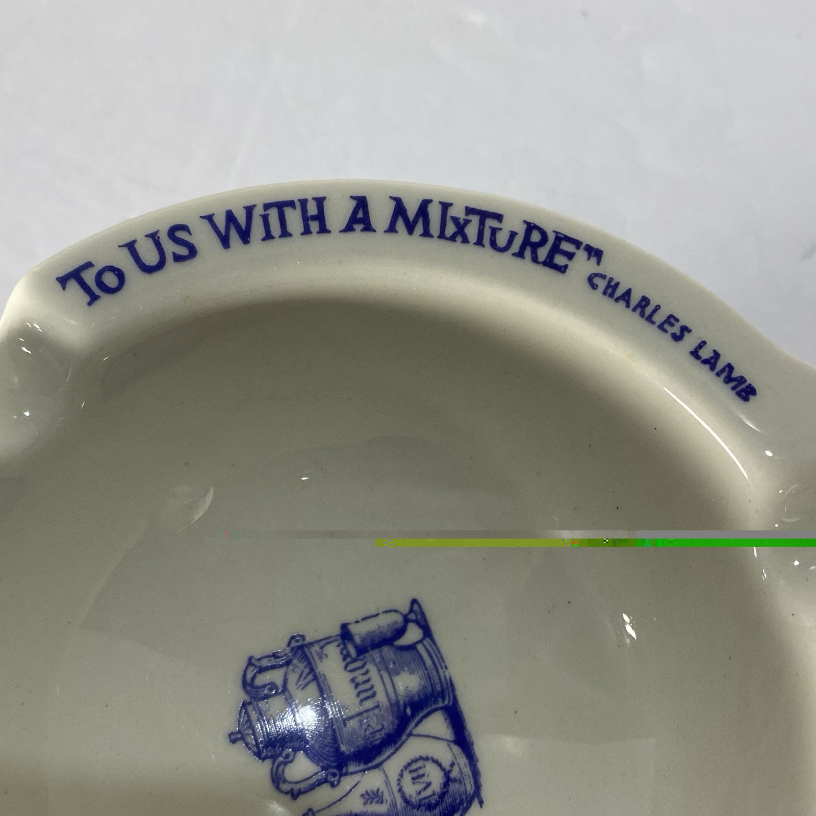VTG Apothecary Ceramic Ashtray Blue & White Pharmacy Advertising C. Lamb Quote