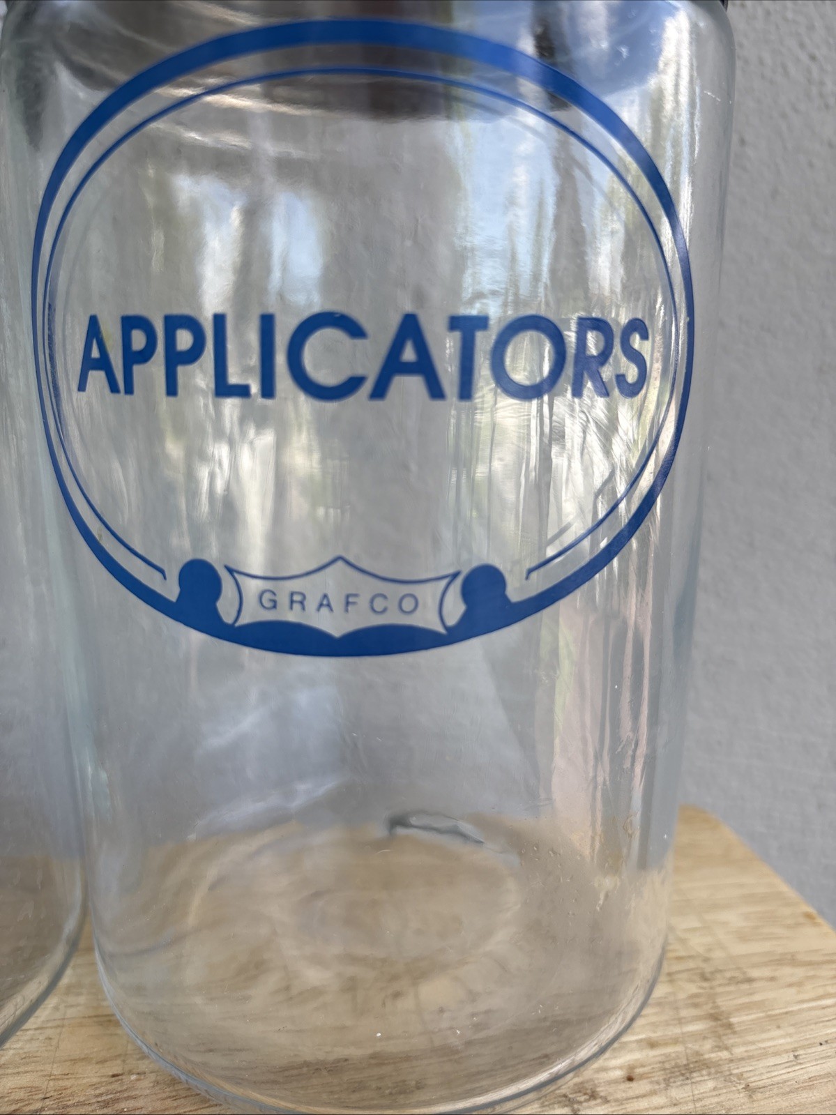 2 Grafco Glass Blue Letter Apothecary Jars Stainless Lid Vtg Applicators Bandage