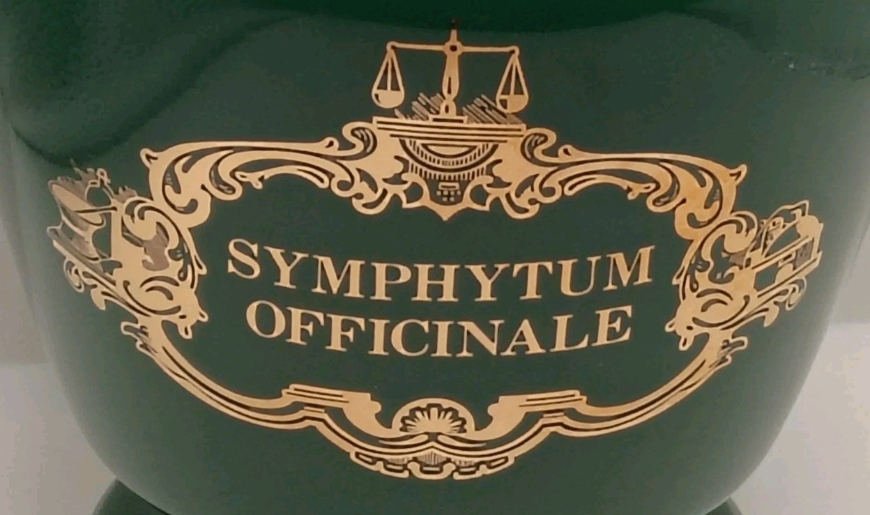 VTG Eli Lilly Ceramic Green Gold Trim Apothecary Jar-Symphytum Officinale #5-179