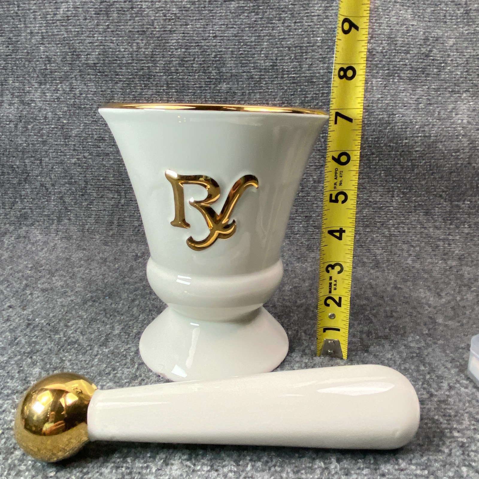 Owens Illinois RX Porcelain Pharmacy Mortar Pestle White Gold Apothecary Vtg