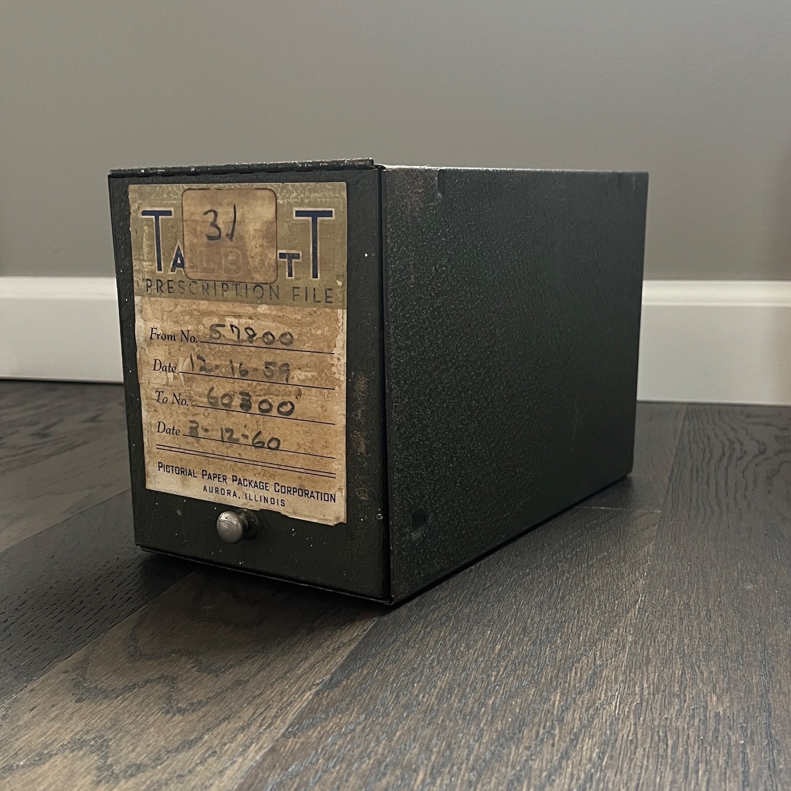 VINTAGE METAL TALBOTT PRESCRIPTION FILE BOX AURORA, ILLINOIS 1960’s