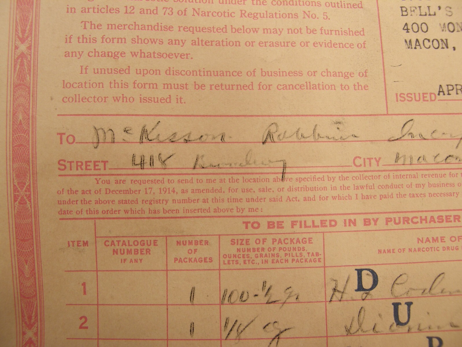 VINTAGE 1936 US TREASURY DEPT REVENUE FORM COCA LEAVES OR OPIUM MACON GEORGIA