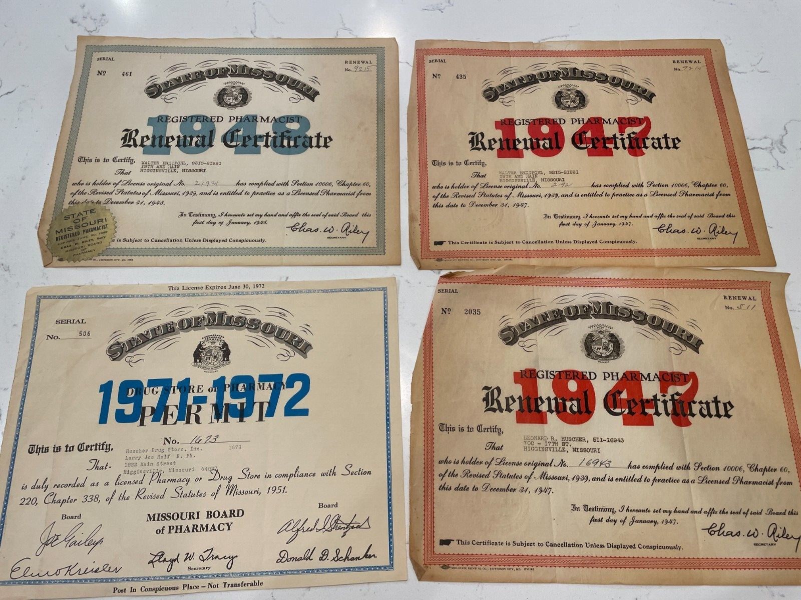State of Missouri Drug Store/Pharmacy Permit lot of 4