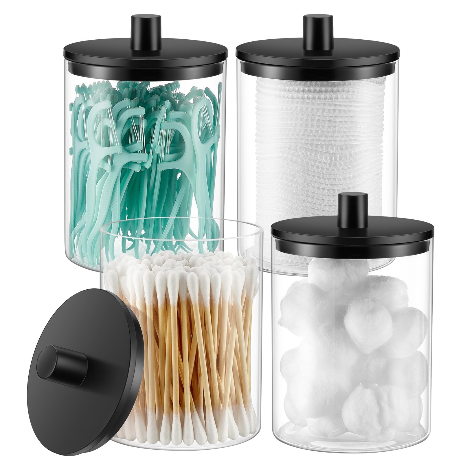TIPGO Glass Qtip Holder Dispenser – 10 oz Clear Canister Apothecary Jar, Bath…
