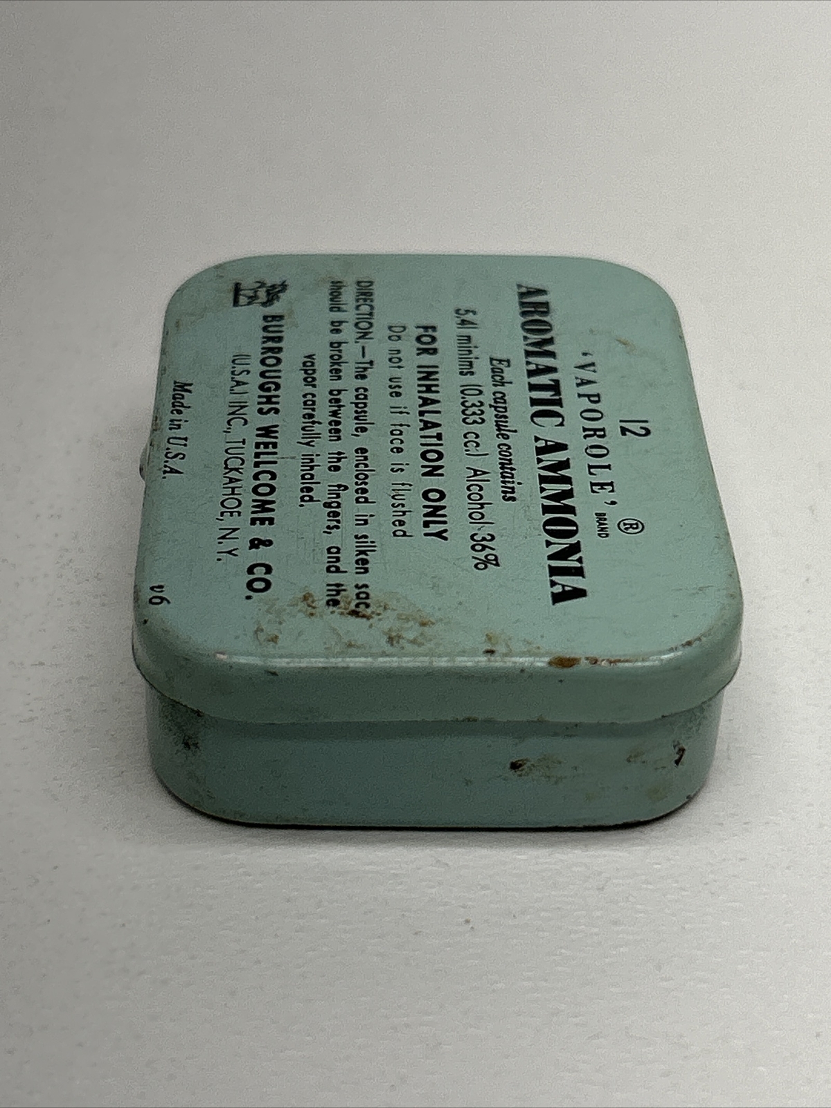 Vintage BURROUGHS WELLCOME & CO Vaporole Aromatic Ammonia Tin Can With Paper