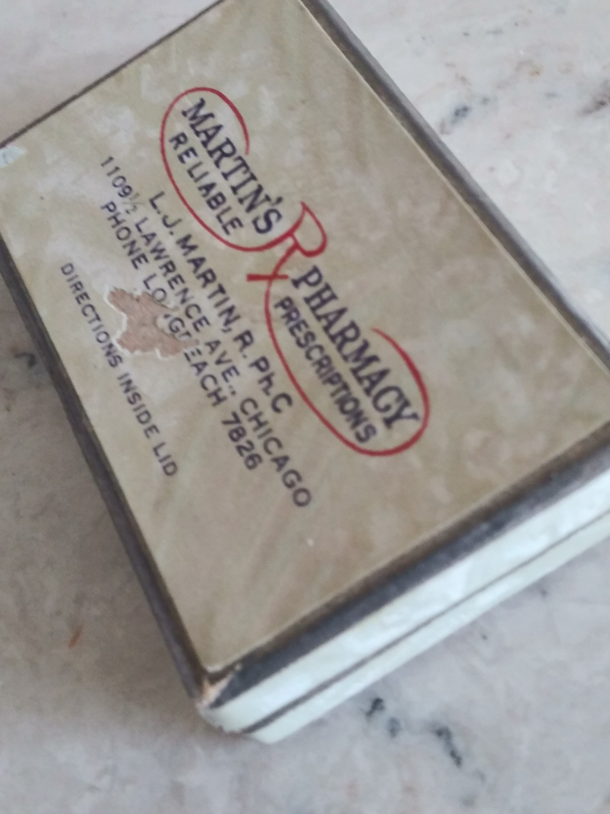 Vintage Drug Store Prescription Pill Box Martin’s Reliable Pharmacy 1942 Chicago