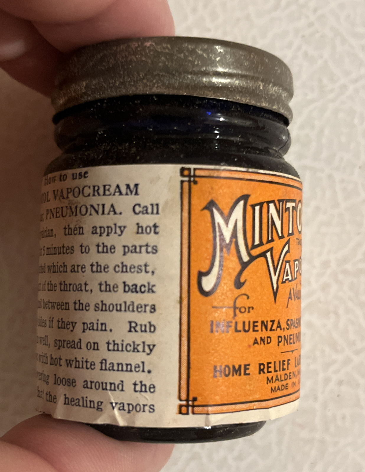 Vintage 1930s Mintol Vapor Medicine Cream Jar NOS Full Box Malden Ma