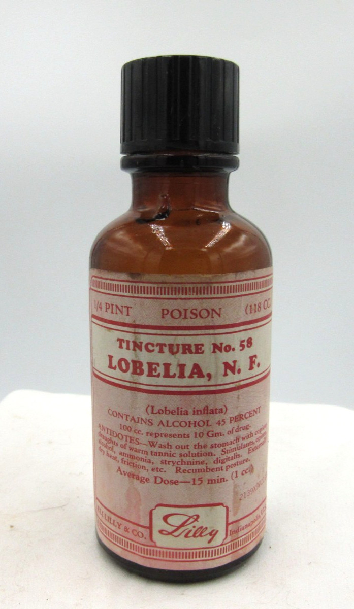 1950’s Eli Lilly Tincture Lobelia Indianapolis 5 1/4 Amber Medicine bottle