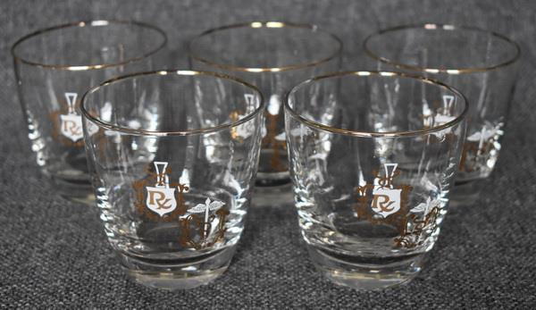VINTAGE S/5 MID CENTURY PHARMACY PHARMACIST GILDED WHITE MOTIFS COCKTAIL GLASSES