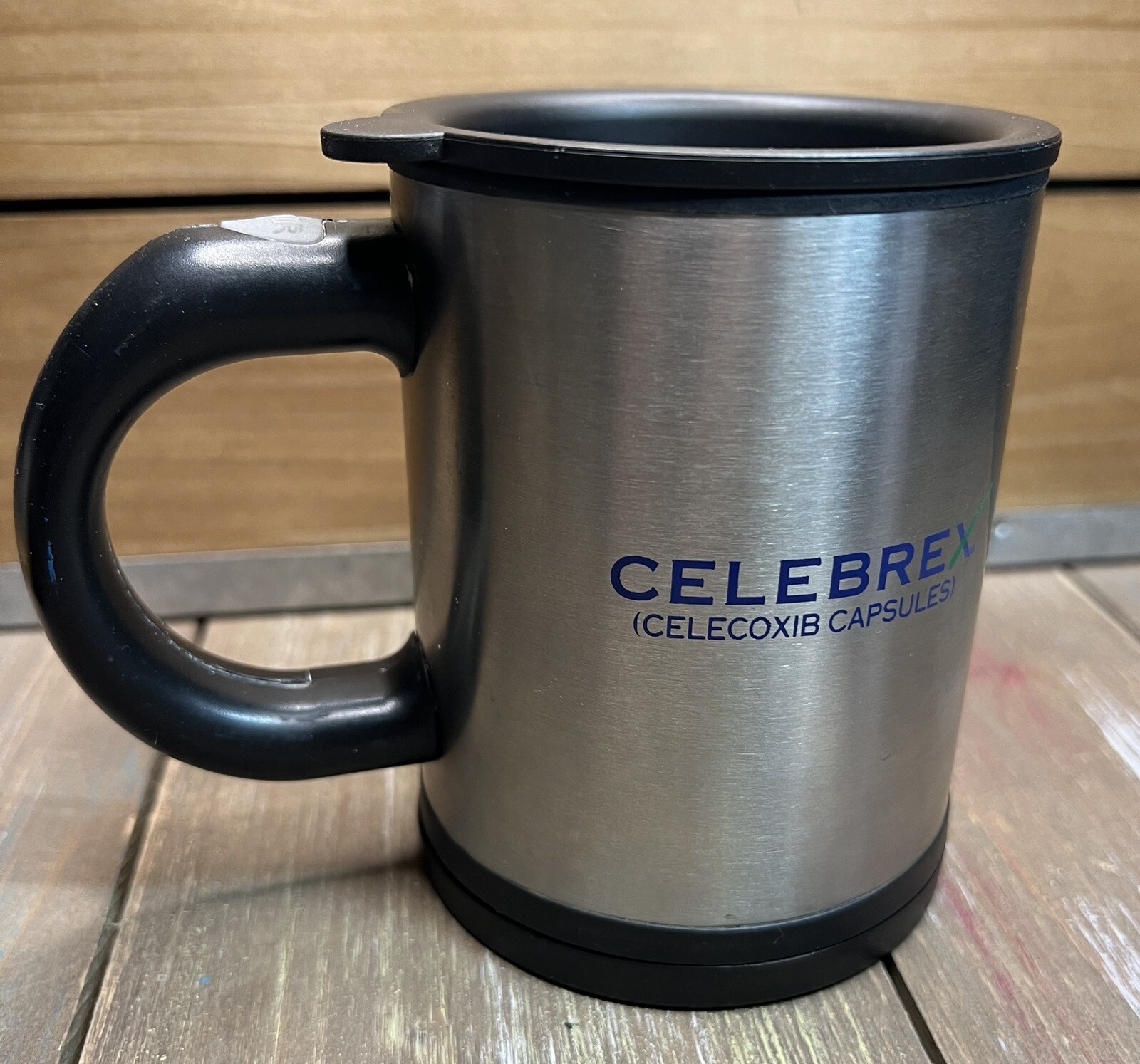 Drug Rep Celebrex Bextra Mug Lid Stirrer In Bottom Of Cup Brushed Silver LOOK