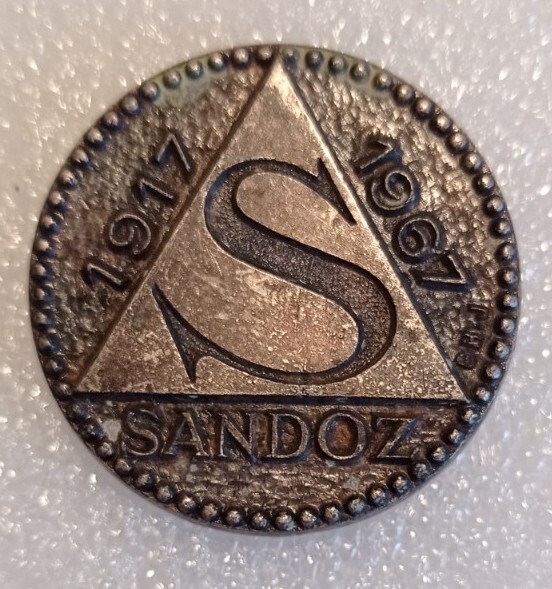 SANDOZ Pharmaceutical coin token pin badge LSD Albert Hofmann rare