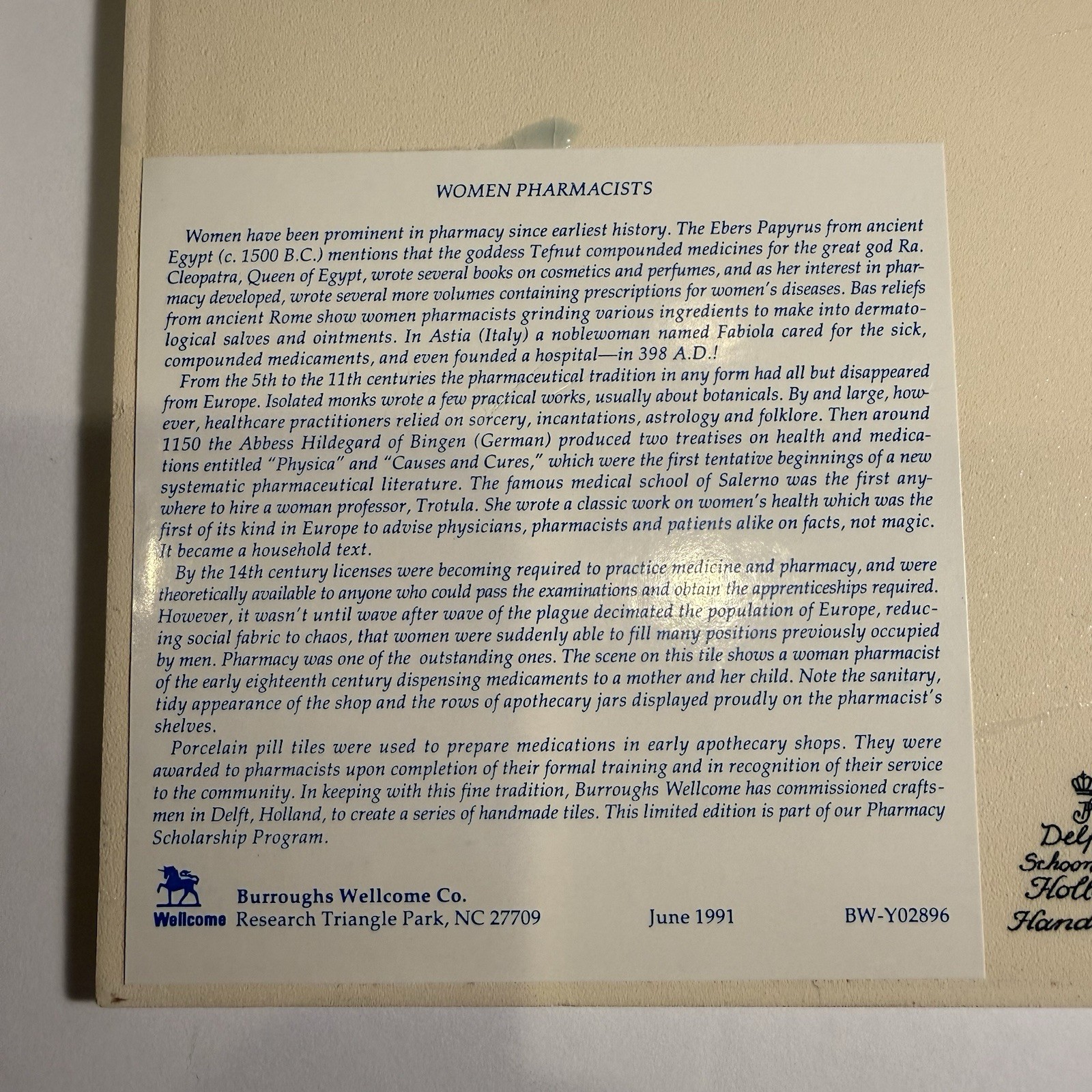 Burroughs Wellcome Delft Holland Pharmacy Tiles Set of 5 Ltd Edition 1986-91
