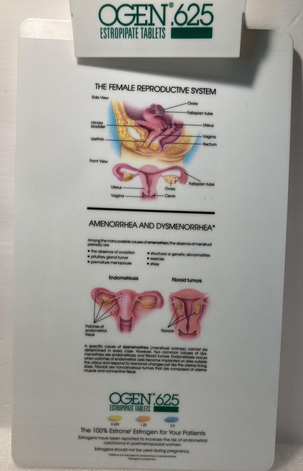 Vintage Pharmaceutical CLIPBOARD OGEN estrogen Female Reproductive System