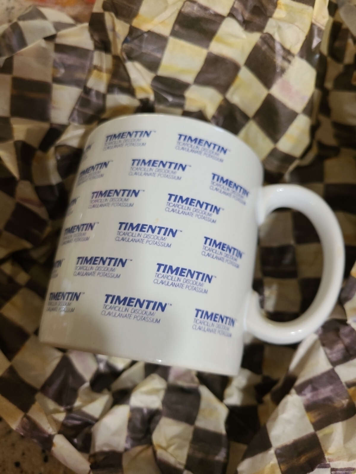 Timentin Antibiotic Pharmaceutical Advertising Blue White Ceramic Coffee Tea Mug