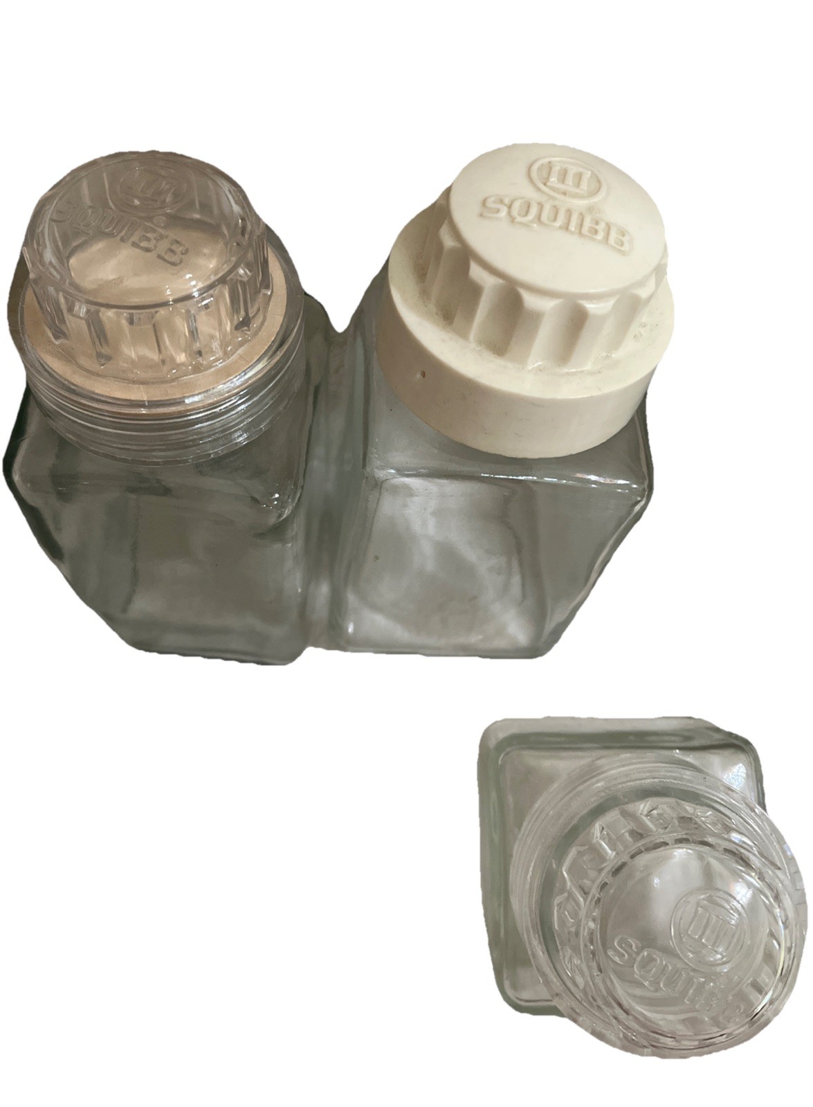 SQUIBB Pharmaceutical Vintage Square Medicinal Apothecary Clear Glass Bottle 7PC