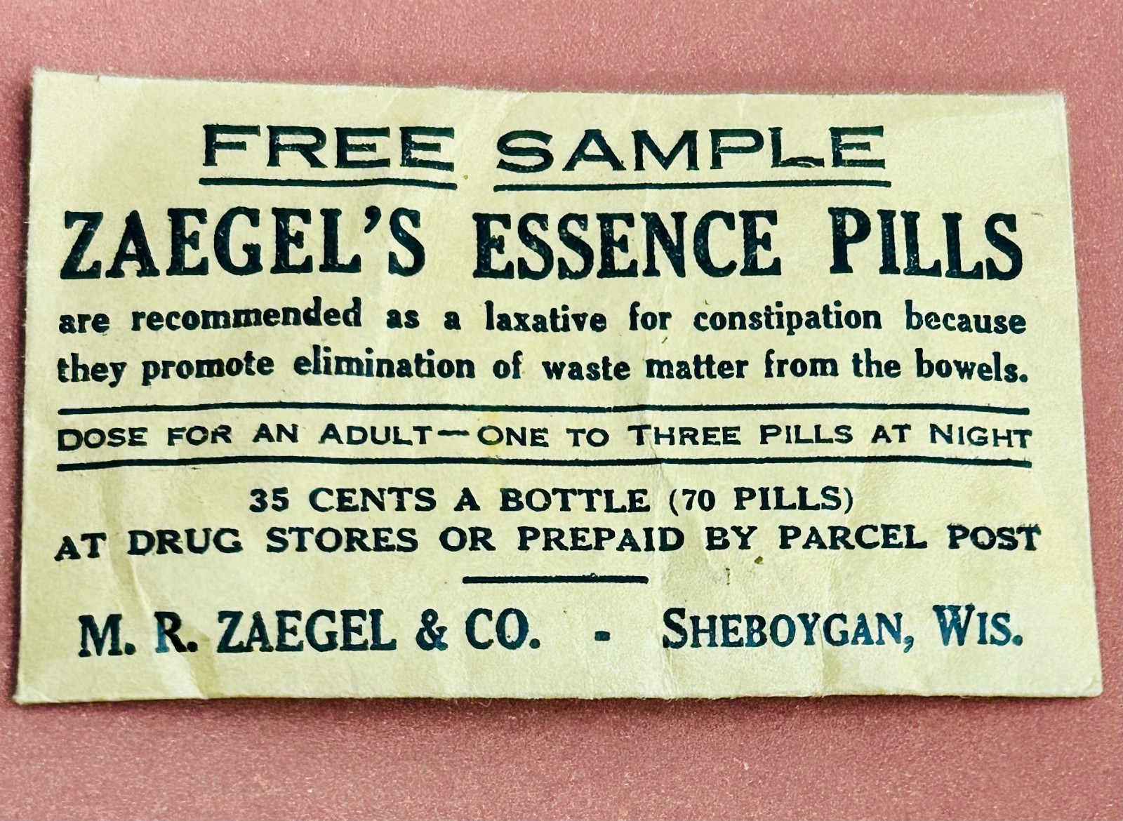 Antique Sample Historical Medicine ZAEGEL’S ESSENCE PILLS LAXATIVE Sheboygan WIS