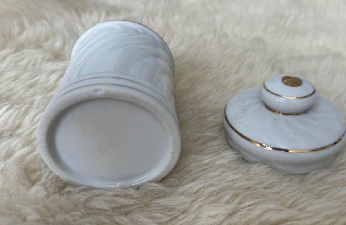 Vintage Porcelain FRENCH APOTHECARY JARS Salts- Cotton -Cologne -Astringent